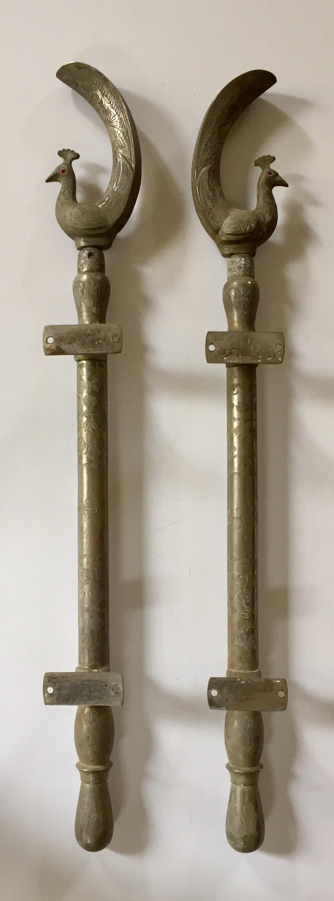 Metal Large Pair of Mughal Indian Peacock Shaped Brass Silvered Door Handles