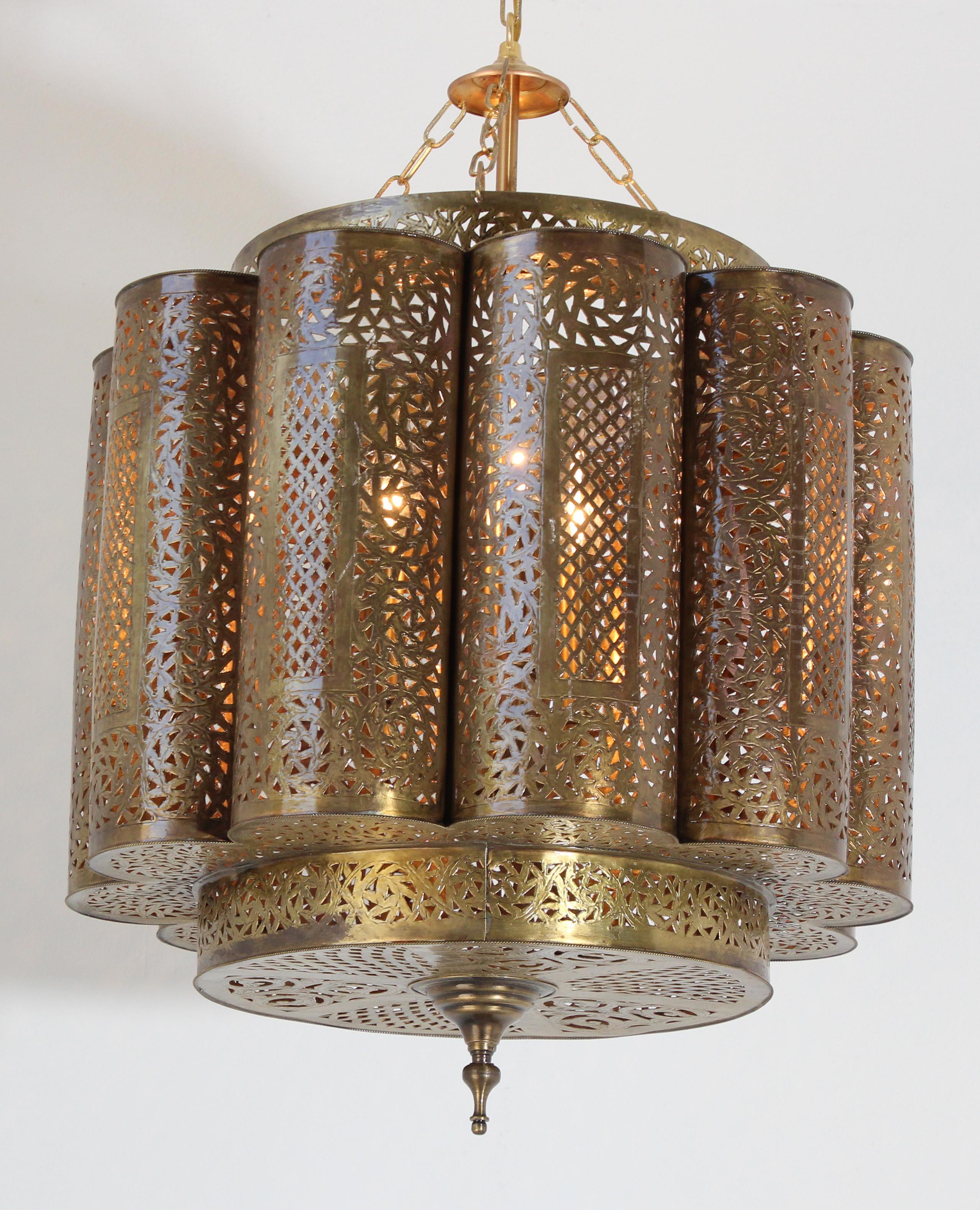 Large Pair of Pierced Brass Moroccan Chandelier in Alberto Pinto Style 5