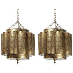 Large Pair of Pierced Brass Moroccan Chandelier in Alberto Pinto Style