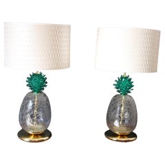 Large Pair of Pineapple Table Lamps in Emerald Green Murano Glass