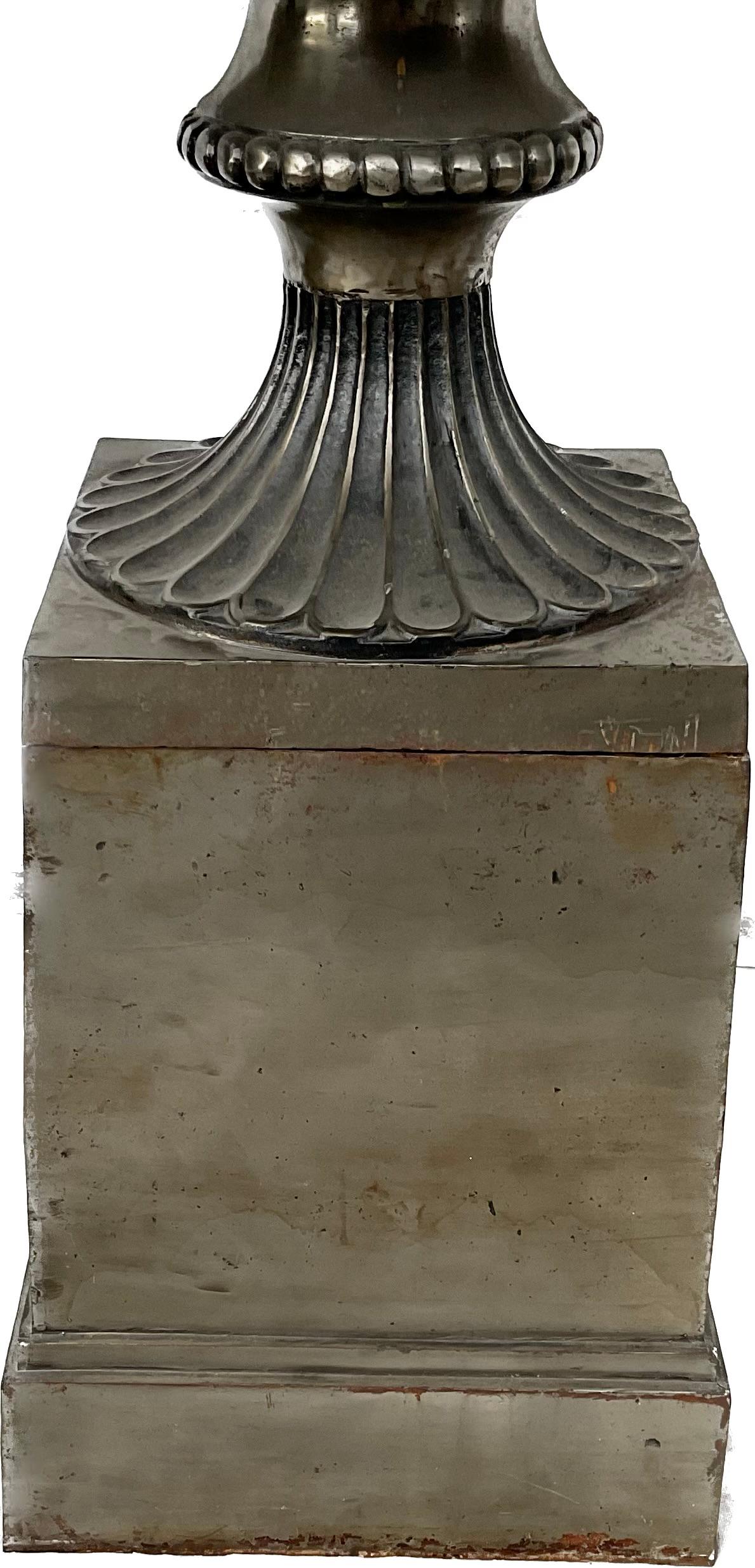 Large Pair Of Polished Steel English Urns On Stands For Sale 1