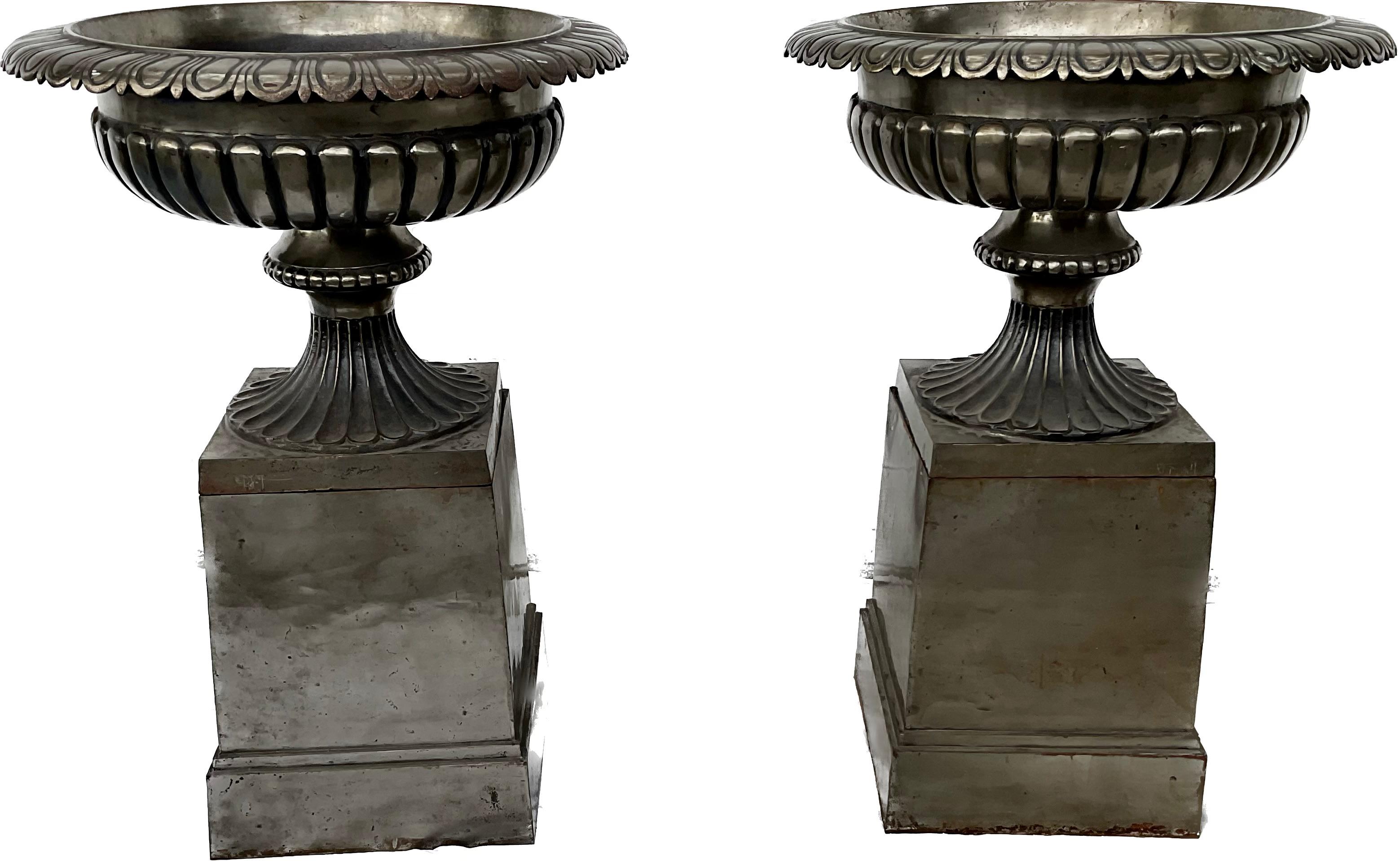 Large Pair Of Polished Steel English Urns On Stands For Sale 3