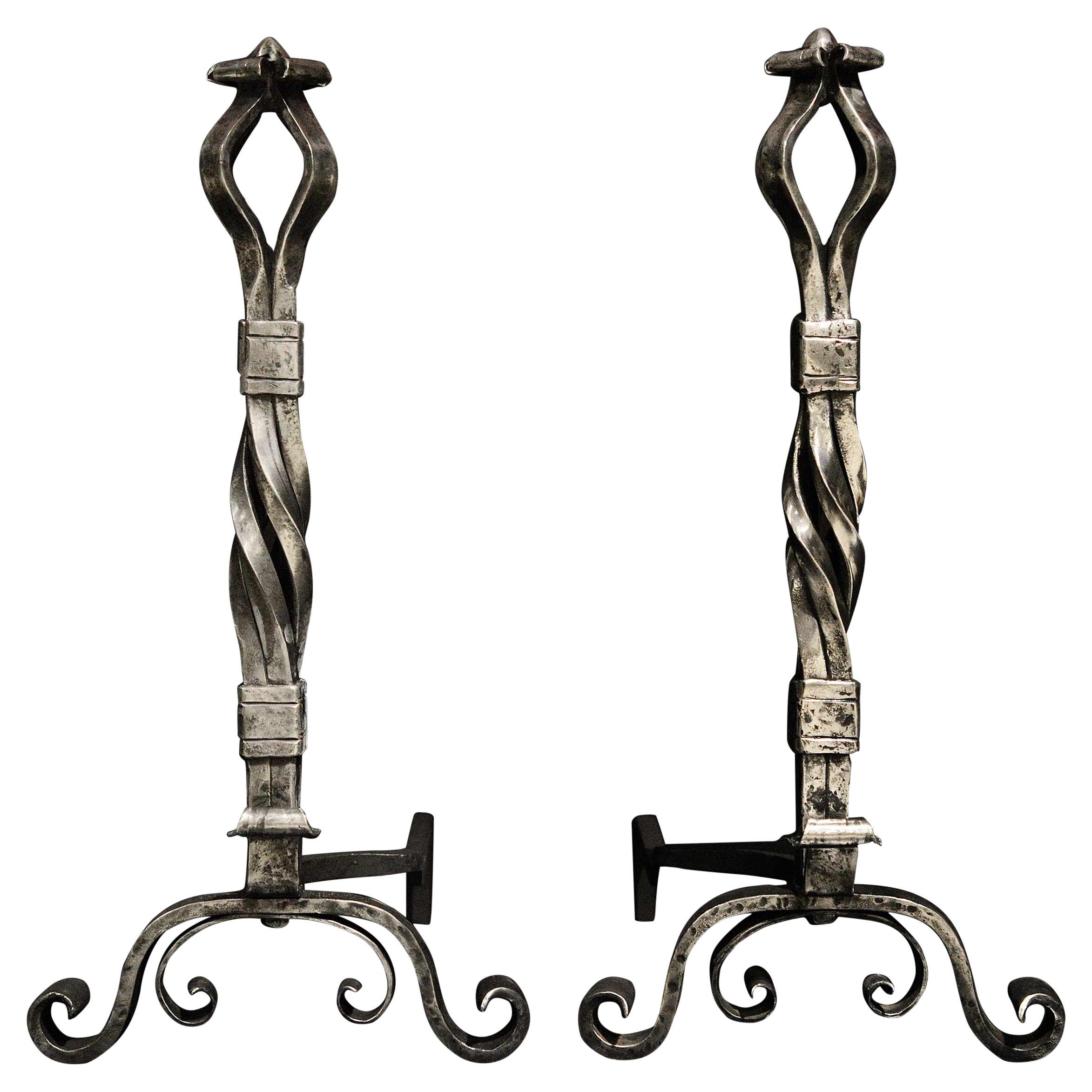 Large Pair of Polished Wrought Iron Firedogs For Sale