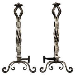 Vintage Large Pair of Polished Wrought Iron Firedogs