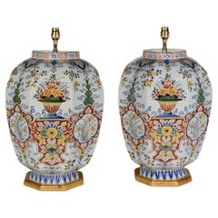 Large Pair of Polychrome 19th Century Delft Faience Table Lamps