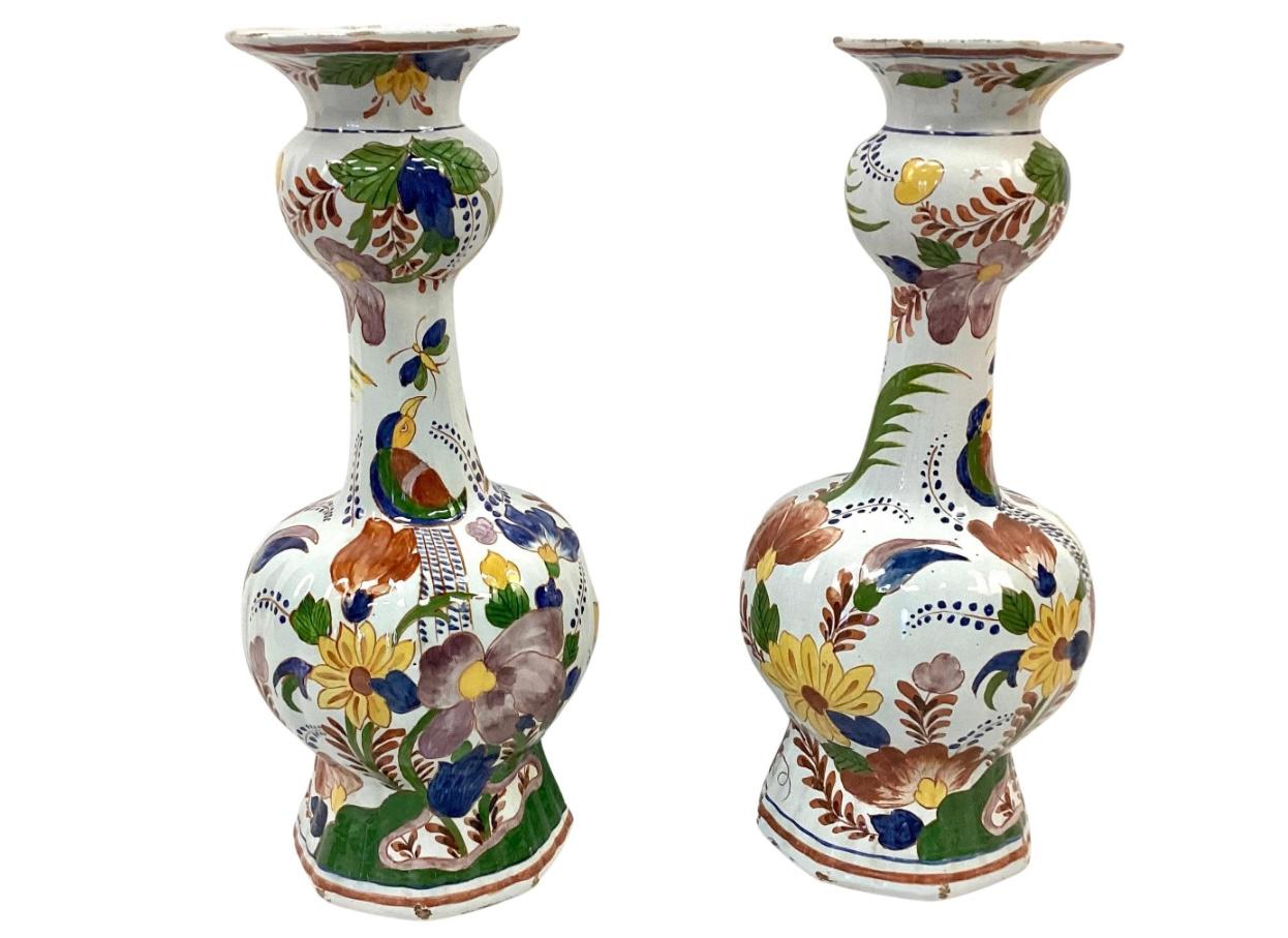 Large Pair Of Polychrome Dutch Delft Vases For Sale 3