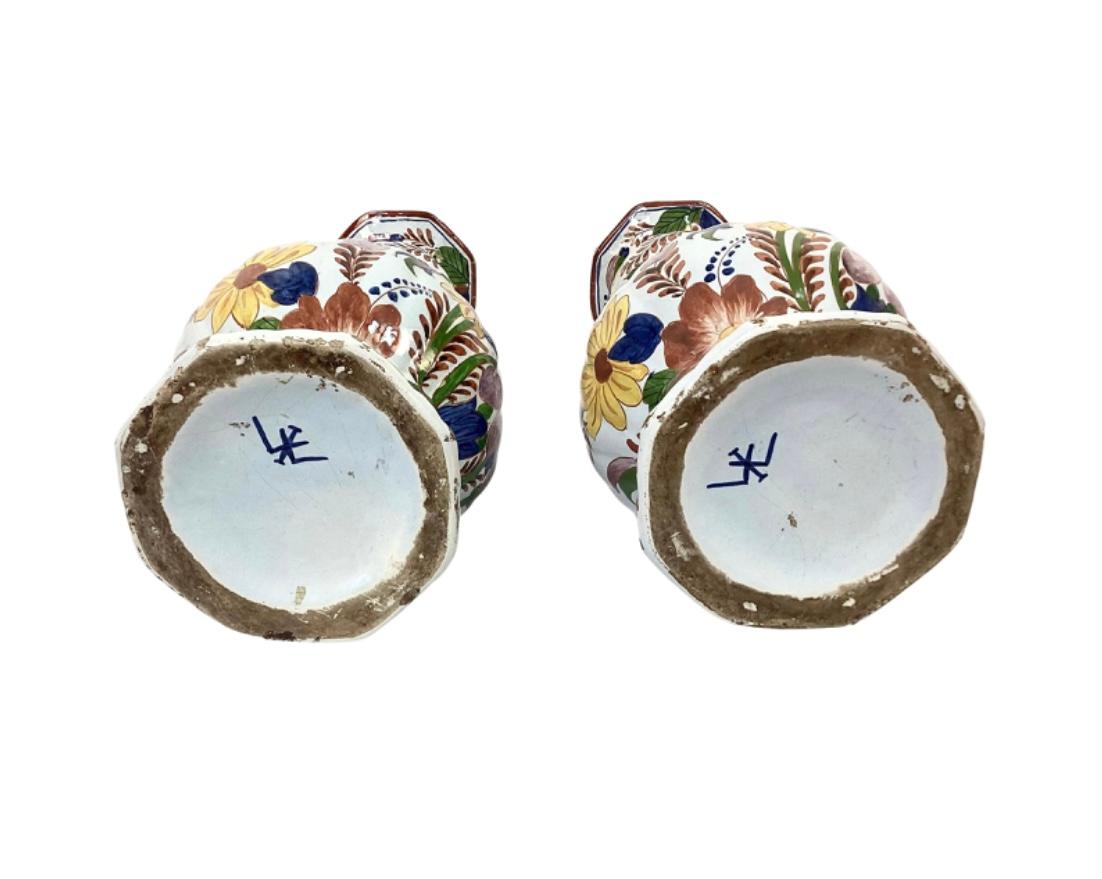 Large Pair Of Polychrome Dutch Delft Vases For Sale 1