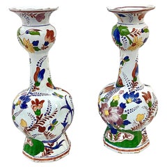 Antique Large Pair Of Polychrome Dutch Delft Vases
