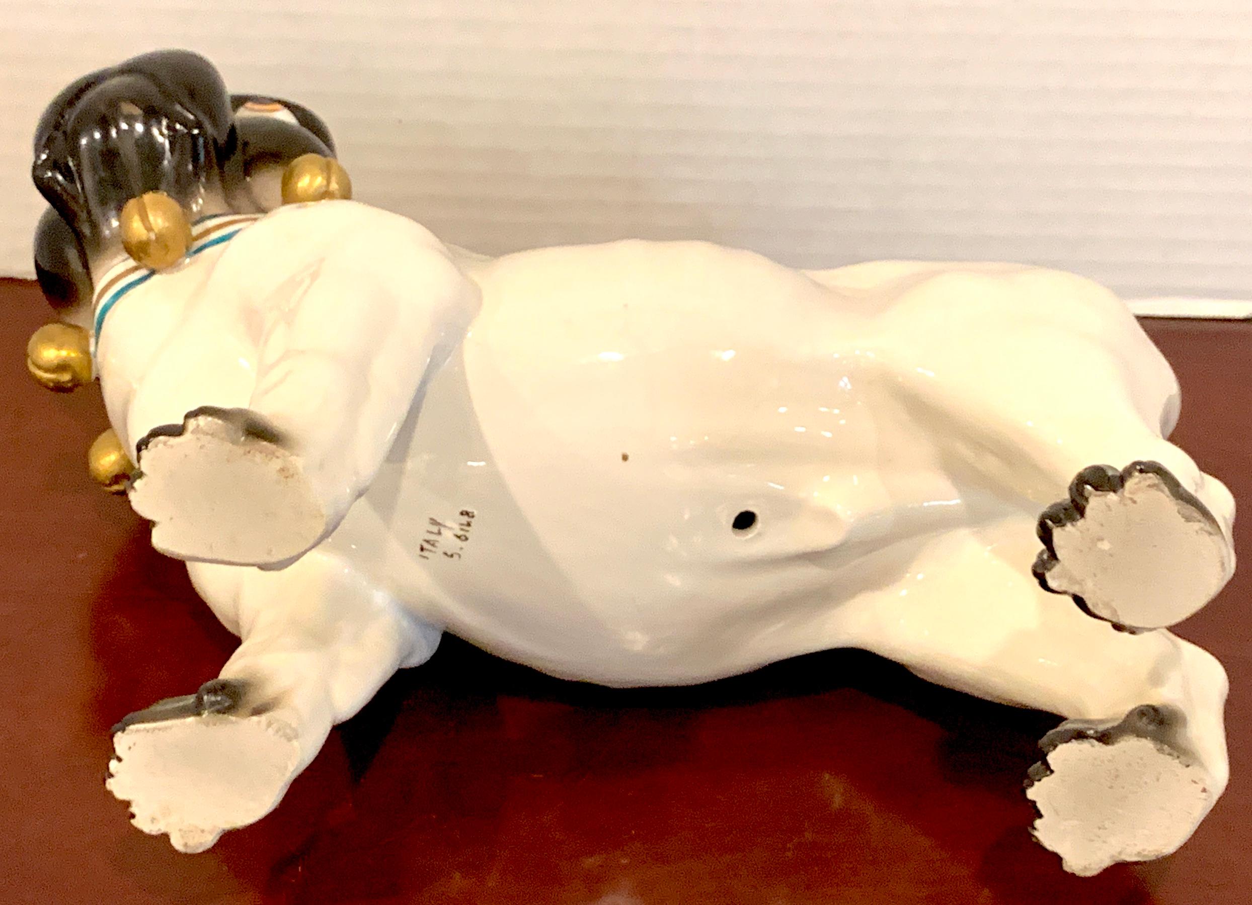 Large Pair of Porcelain Standing Pug Dogs with Bell Collars 2