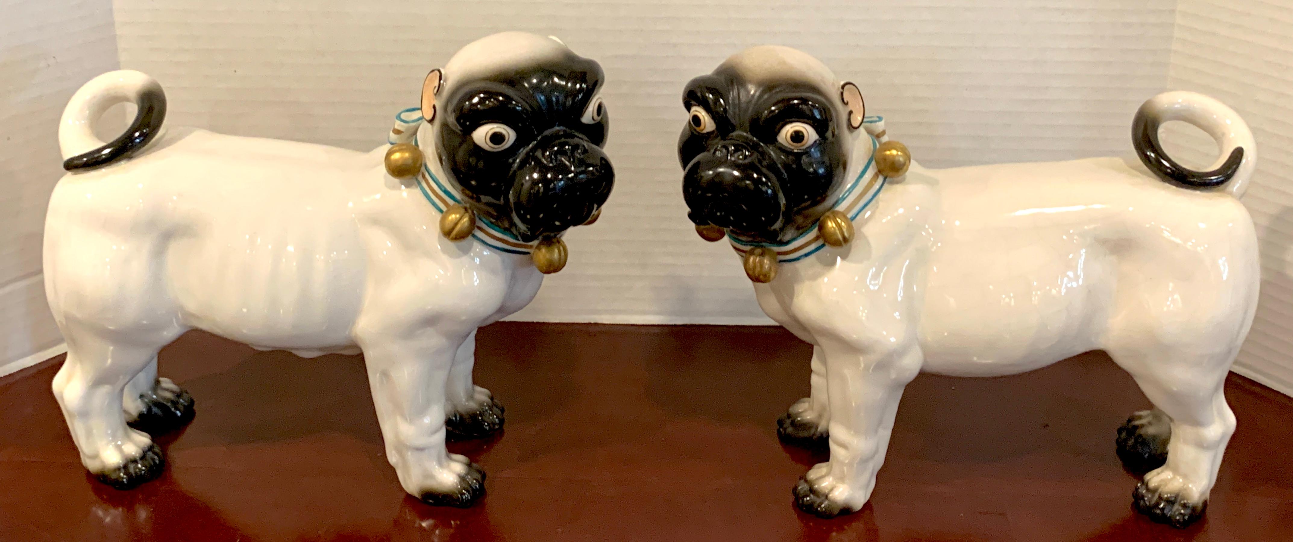 Italian Large Pair of Porcelain Standing Pug Dogs with Bell Collars