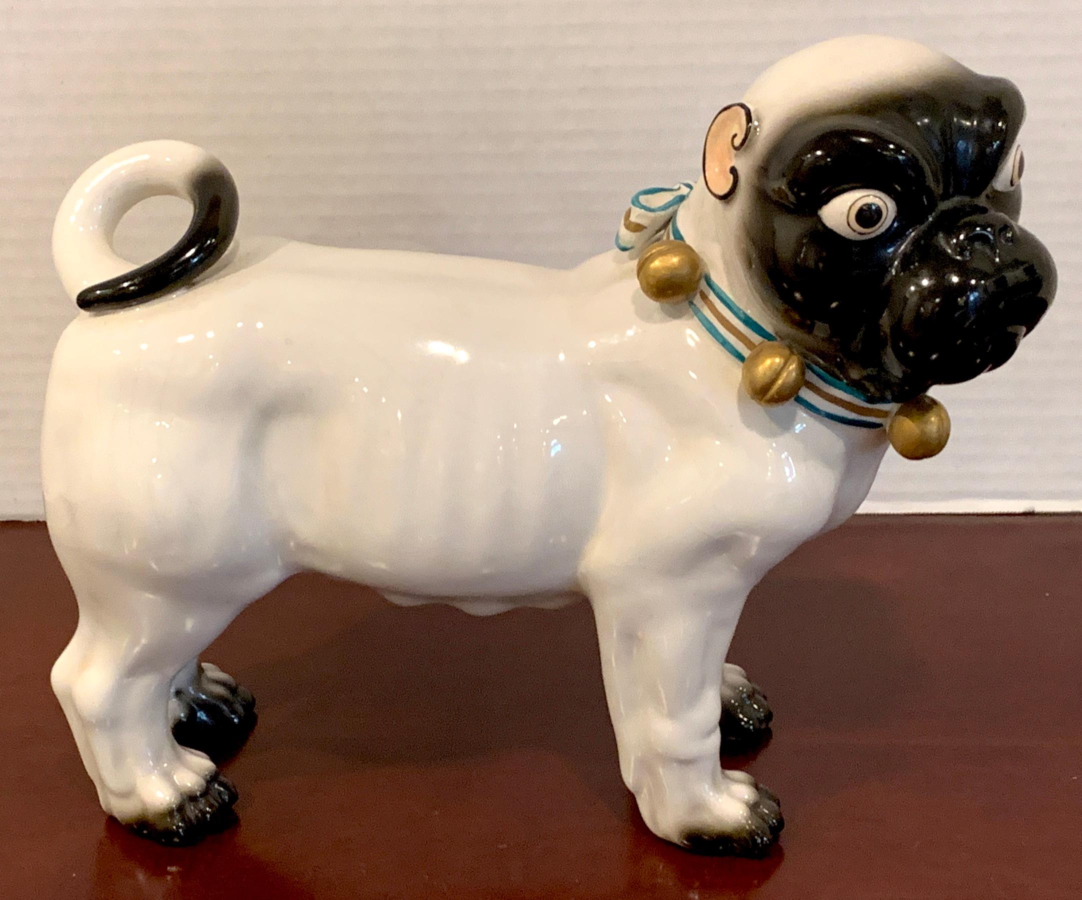 Hand-Painted Large Pair of Porcelain Standing Pug Dogs with Bell Collars