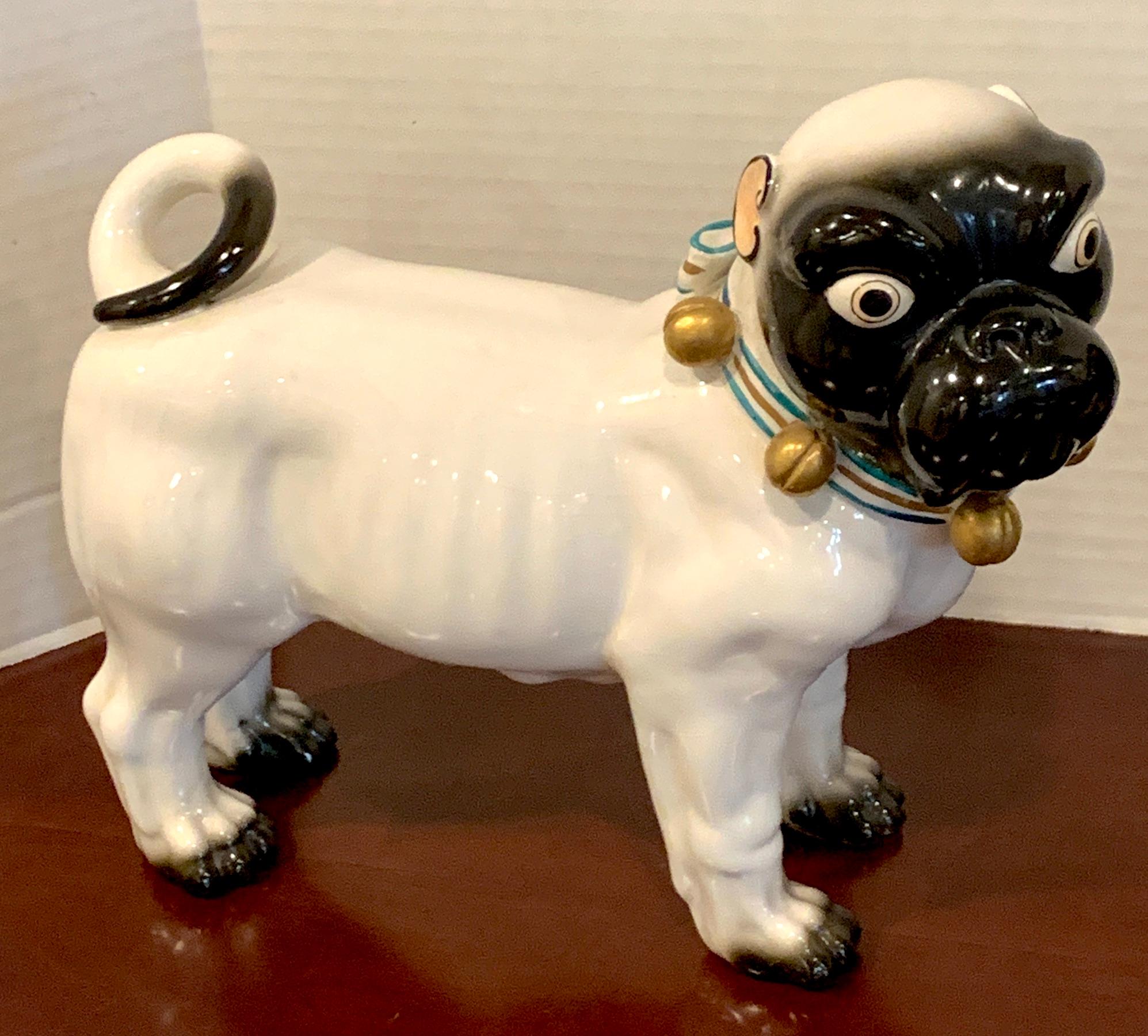 Large Pair of Porcelain Standing Pug Dogs with Bell Collars In Good Condition In West Palm Beach, FL