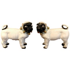 Large Pair of Porcelain Standing Pug Dogs with Bell Collars