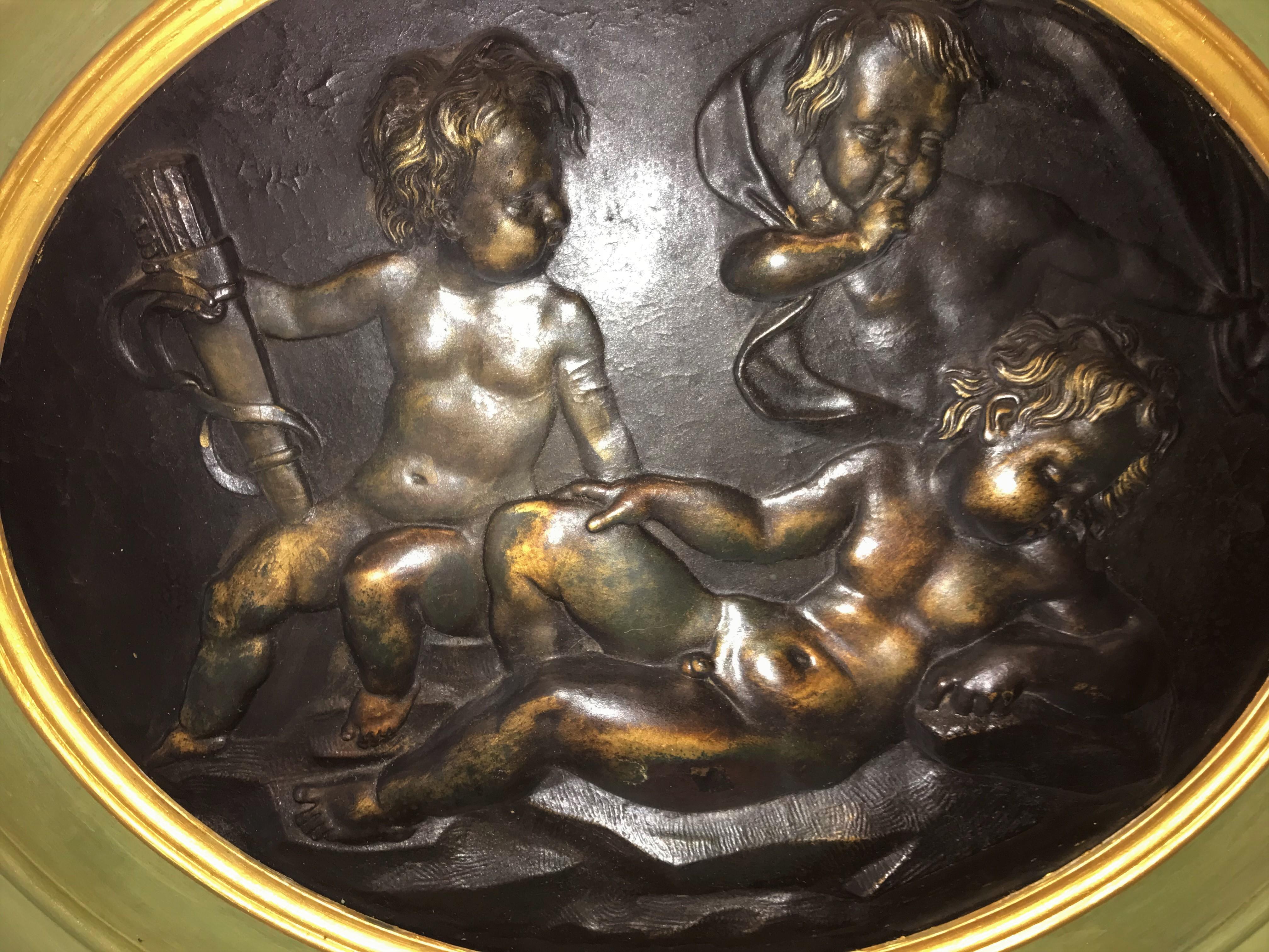 French Large Pair of Putti or Cherub Wall Medallions or Plaques