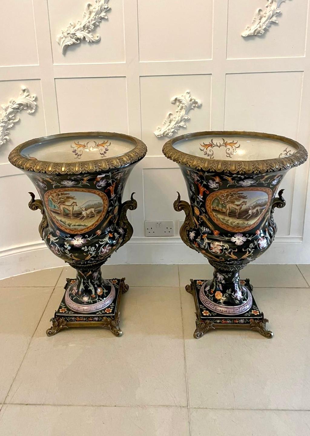 Large Pair of Quality Antique Porcelain and Ornate Brass Mounted Vases For Sale 8