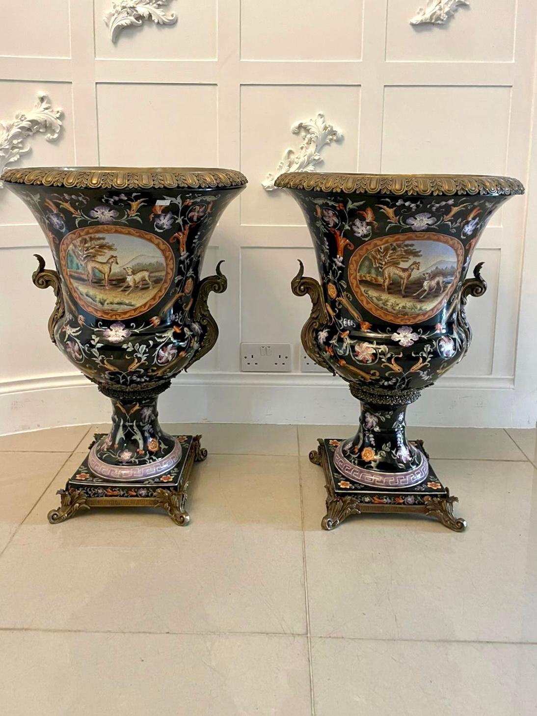 Large Pair of Quality Antique Porcelain and Ornate Brass Mounted Vases For Sale 9