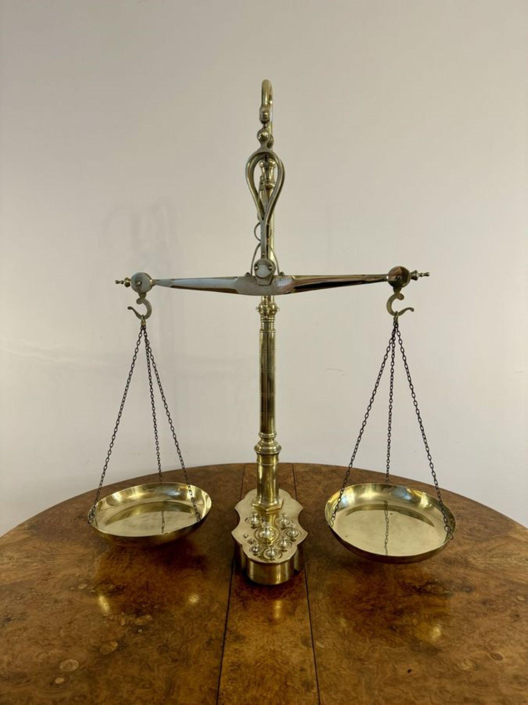 Early Victorian Large pair of quality antique Victorian brass beam scales and weights For Sale