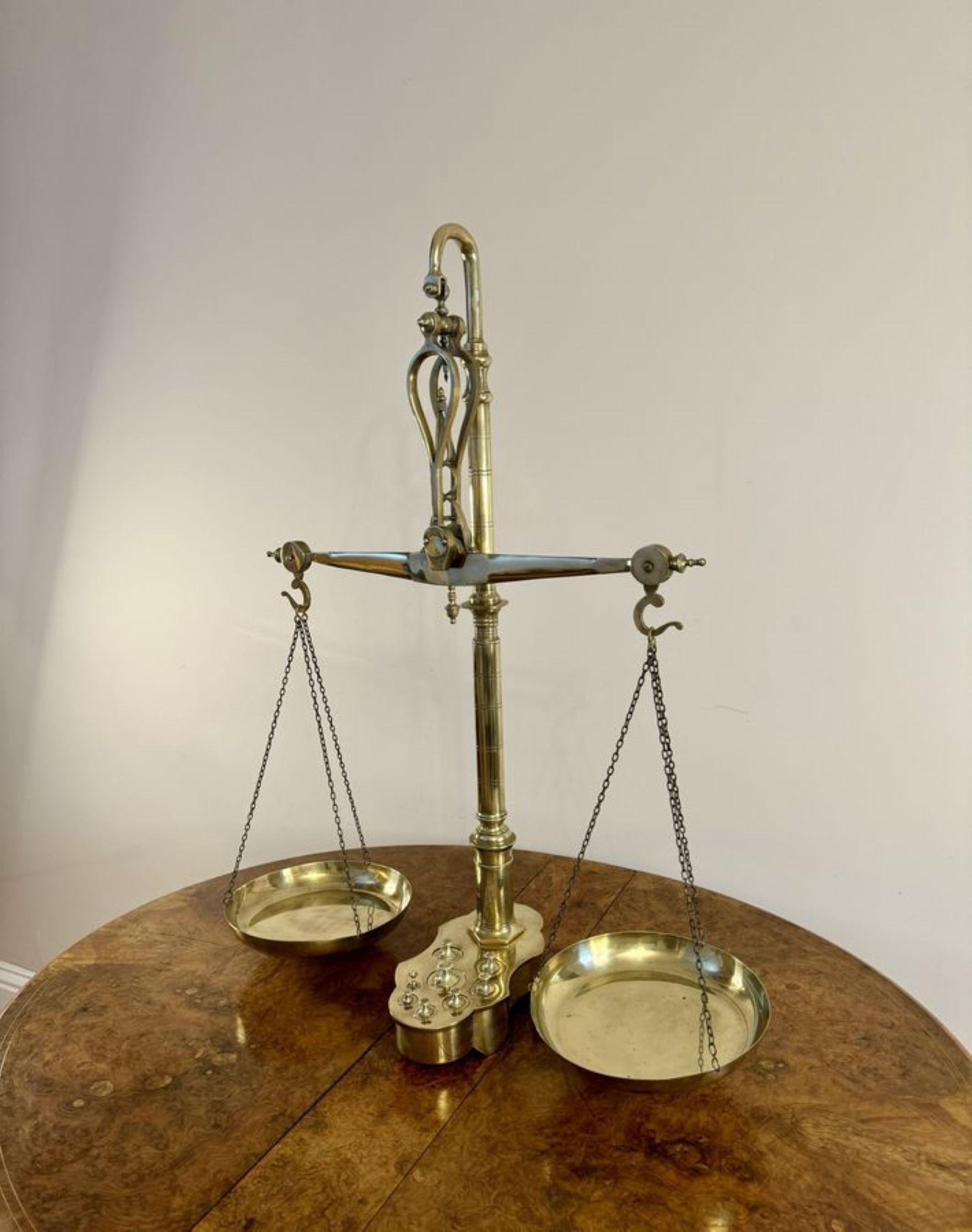 19th Century Large pair of quality antique Victorian brass beam scales and weights