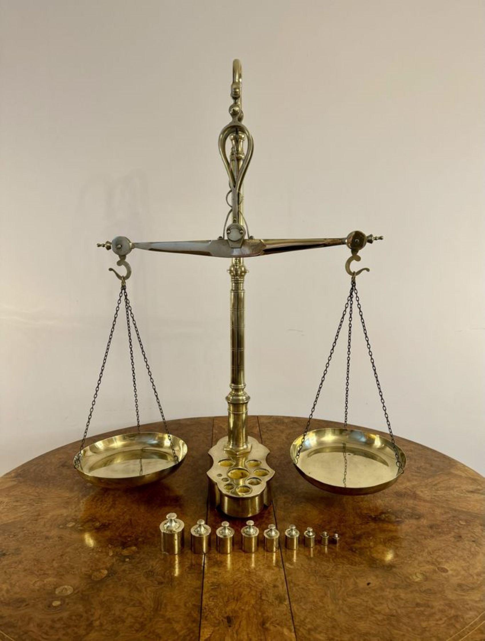 Brass Large pair of quality antique Victorian brass beam scales and weights For Sale