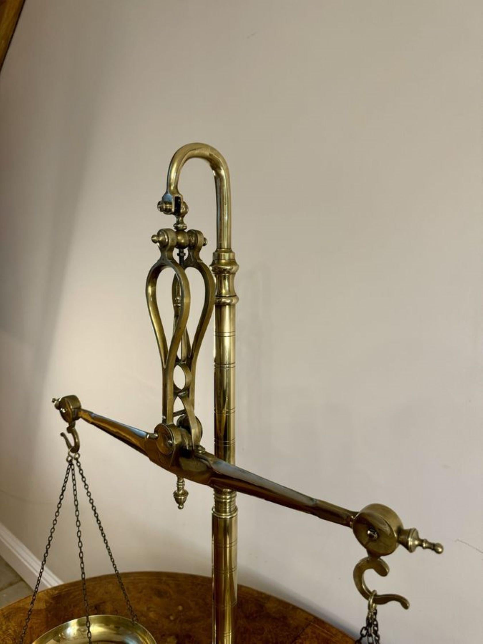 Large pair of quality antique Victorian brass beam scales and weights For Sale 2