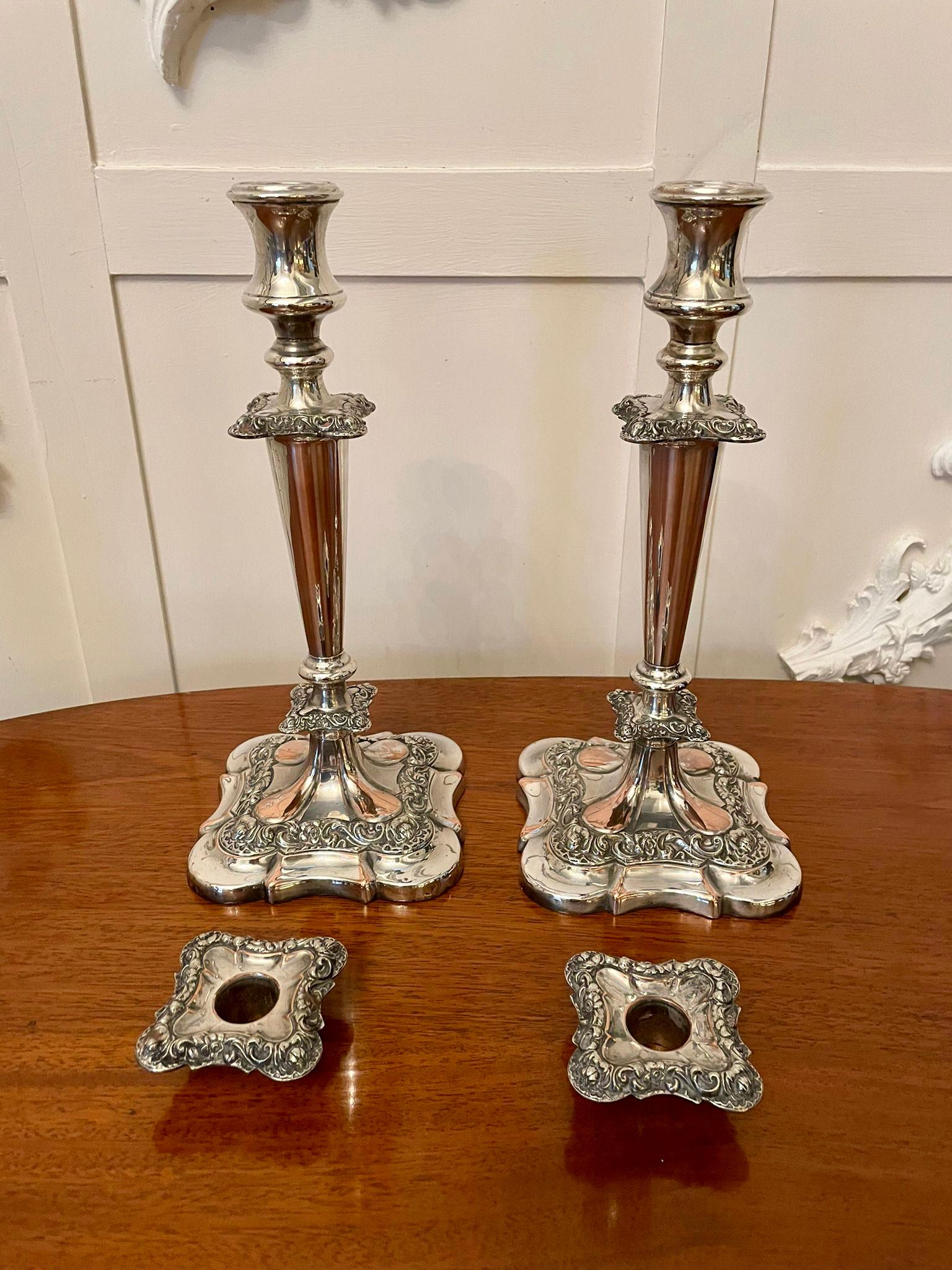 European Large Pair of Quality Antique Victorian Sheffield Plated Ornate Candlesticks For Sale