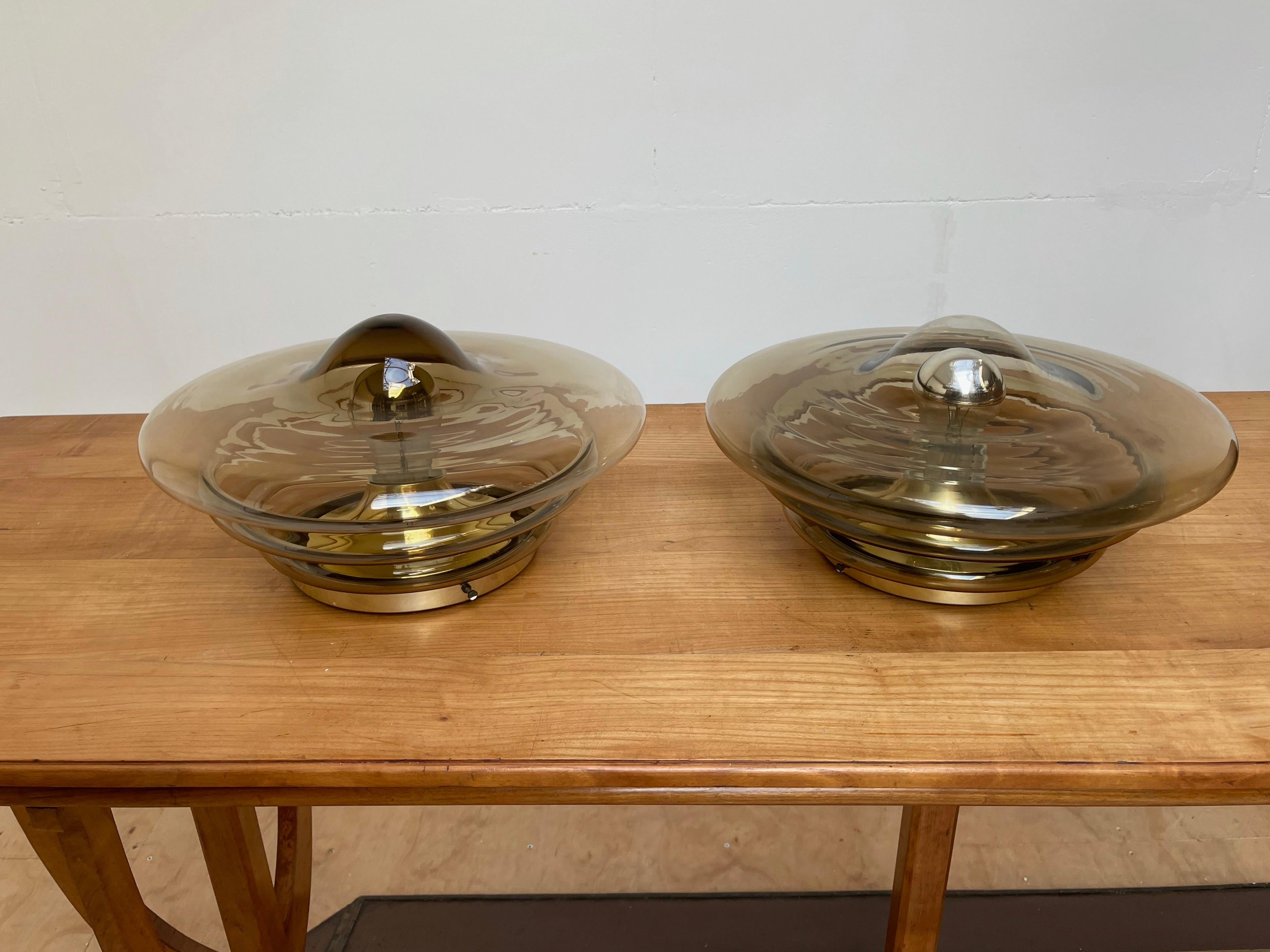 Large Pair of RAAK of Amsterdam Smoked Layered Glass Ceiling Lamp, Lights, 1970s For Sale 3