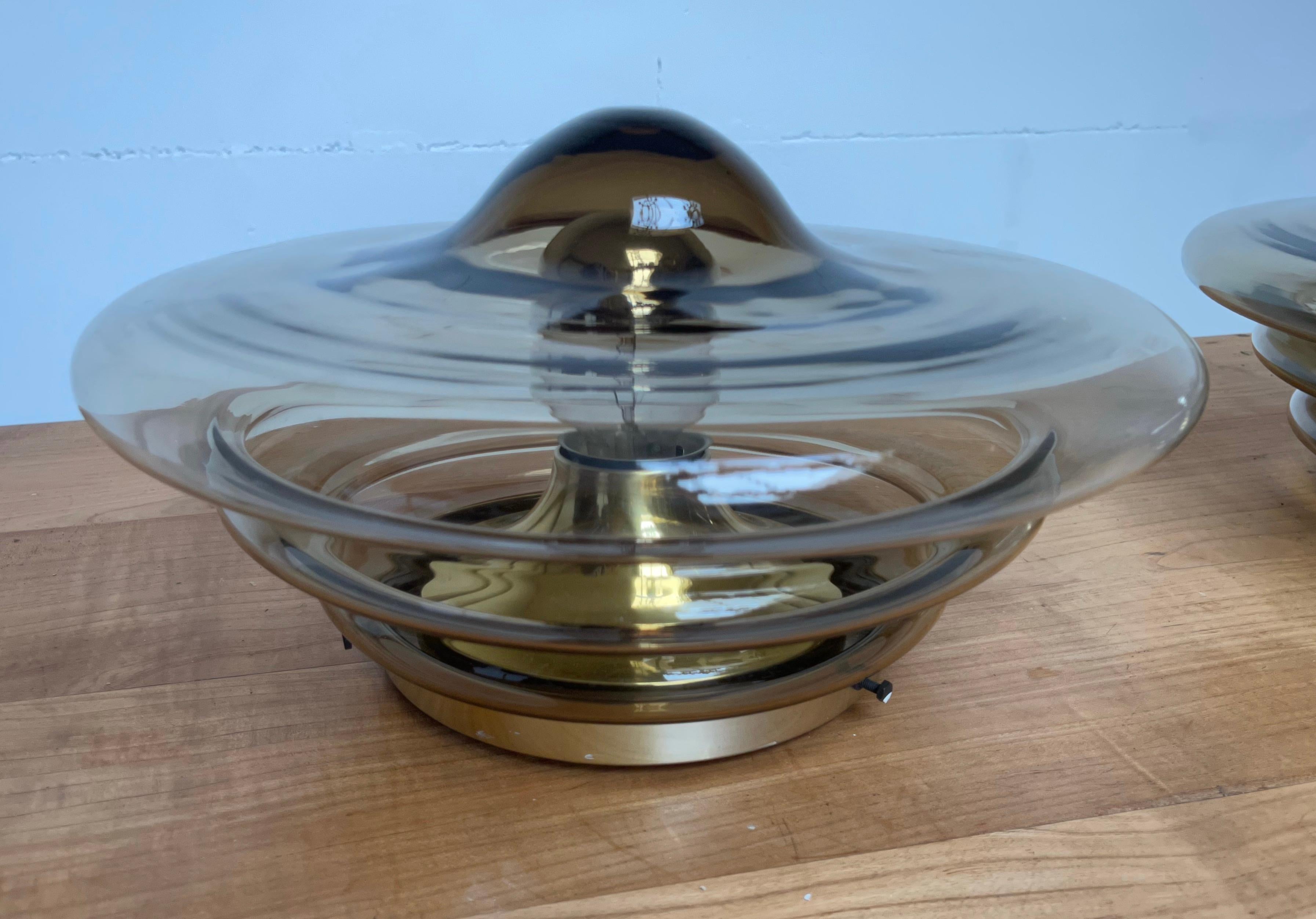 Large Pair of RAAK of Amsterdam Smoked Layered Glass Ceiling Lamp, Lights, 1970s For Sale 4