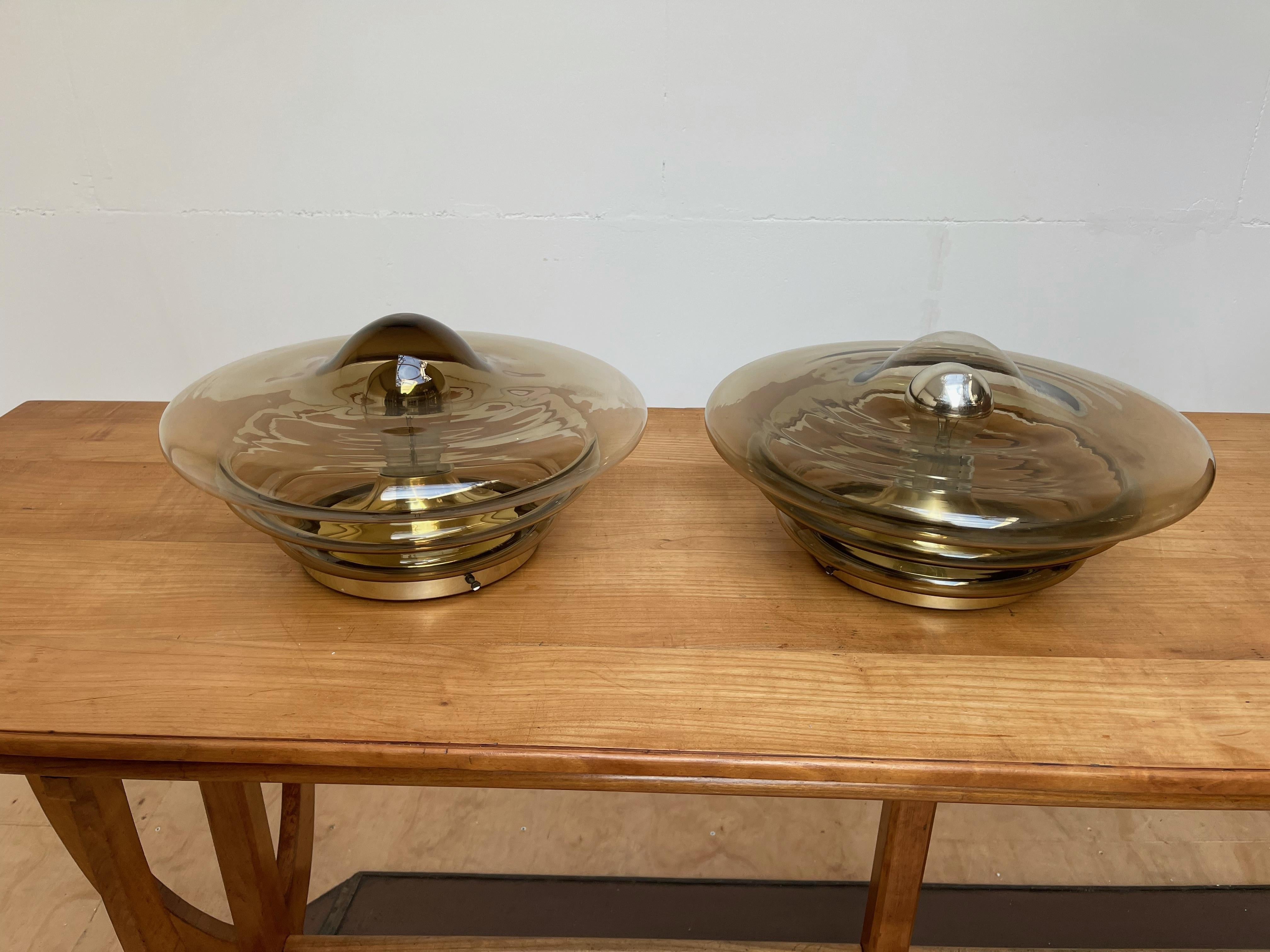 Molded Large Pair of RAAK of Amsterdam Smoked Layered Glass Ceiling Lamp, Lights, 1970s For Sale
