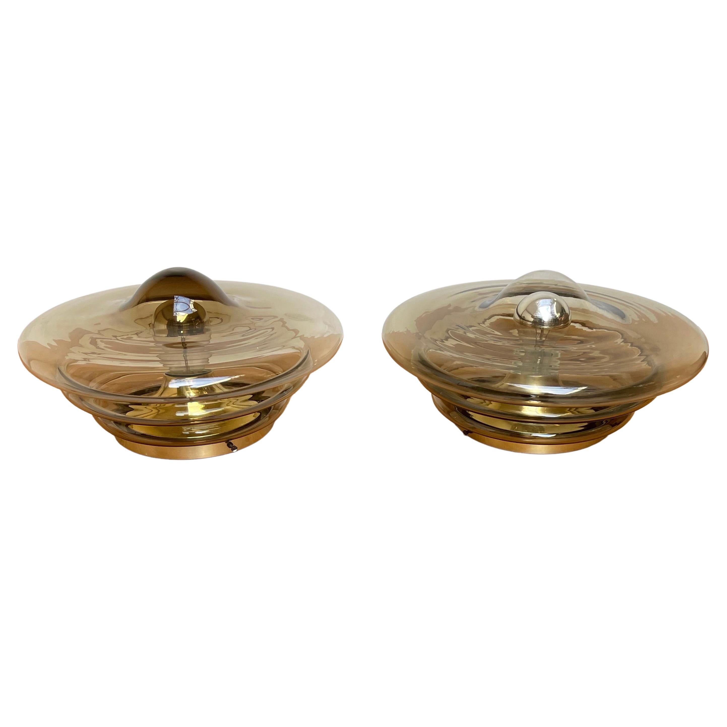 Large Pair of RAAK of Amsterdam Smoked Layered Glass Ceiling Lamp, Lights, 1970s