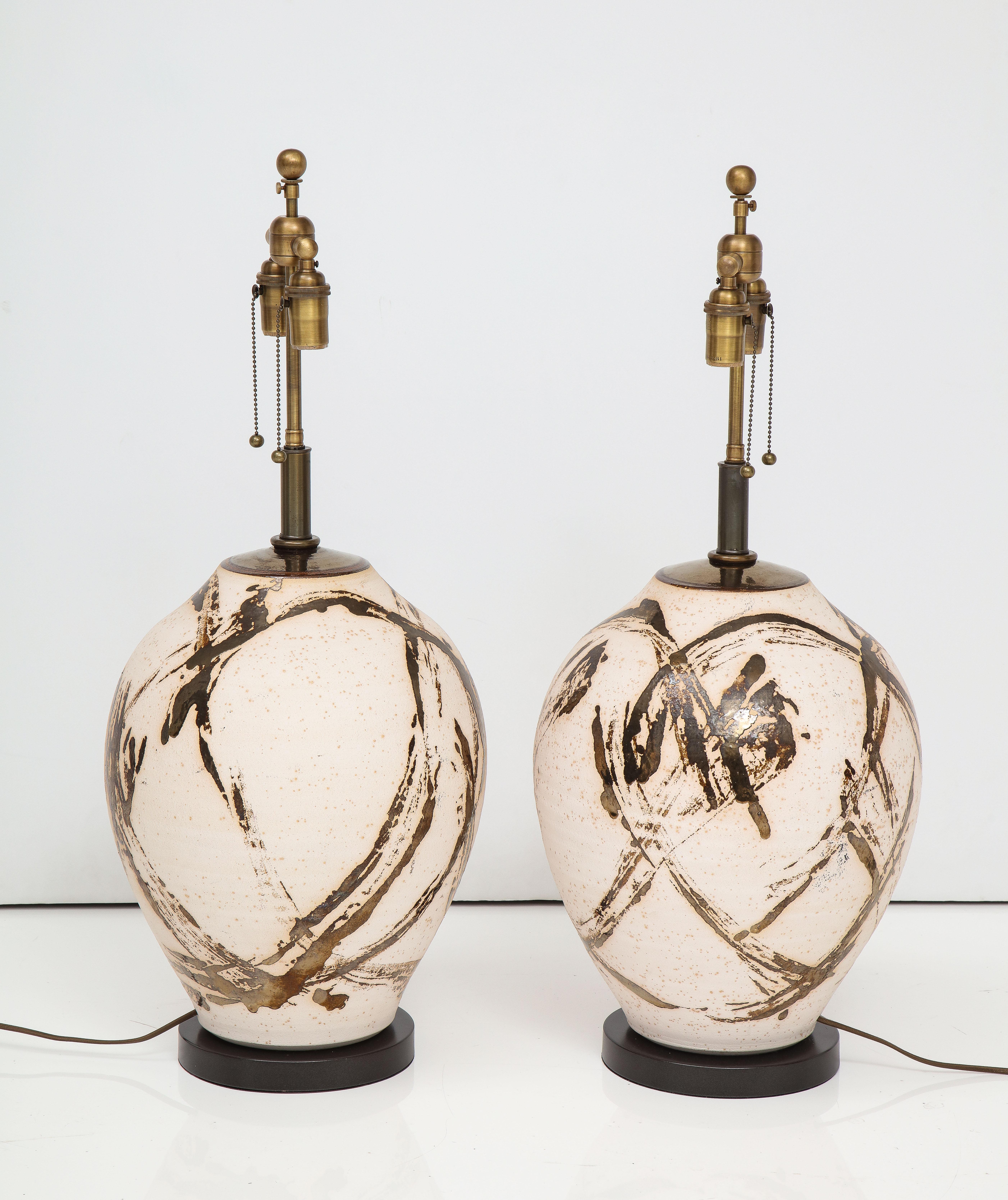 American Large Pair of Raku Ware Lamps Designed for Steve Chase For Sale