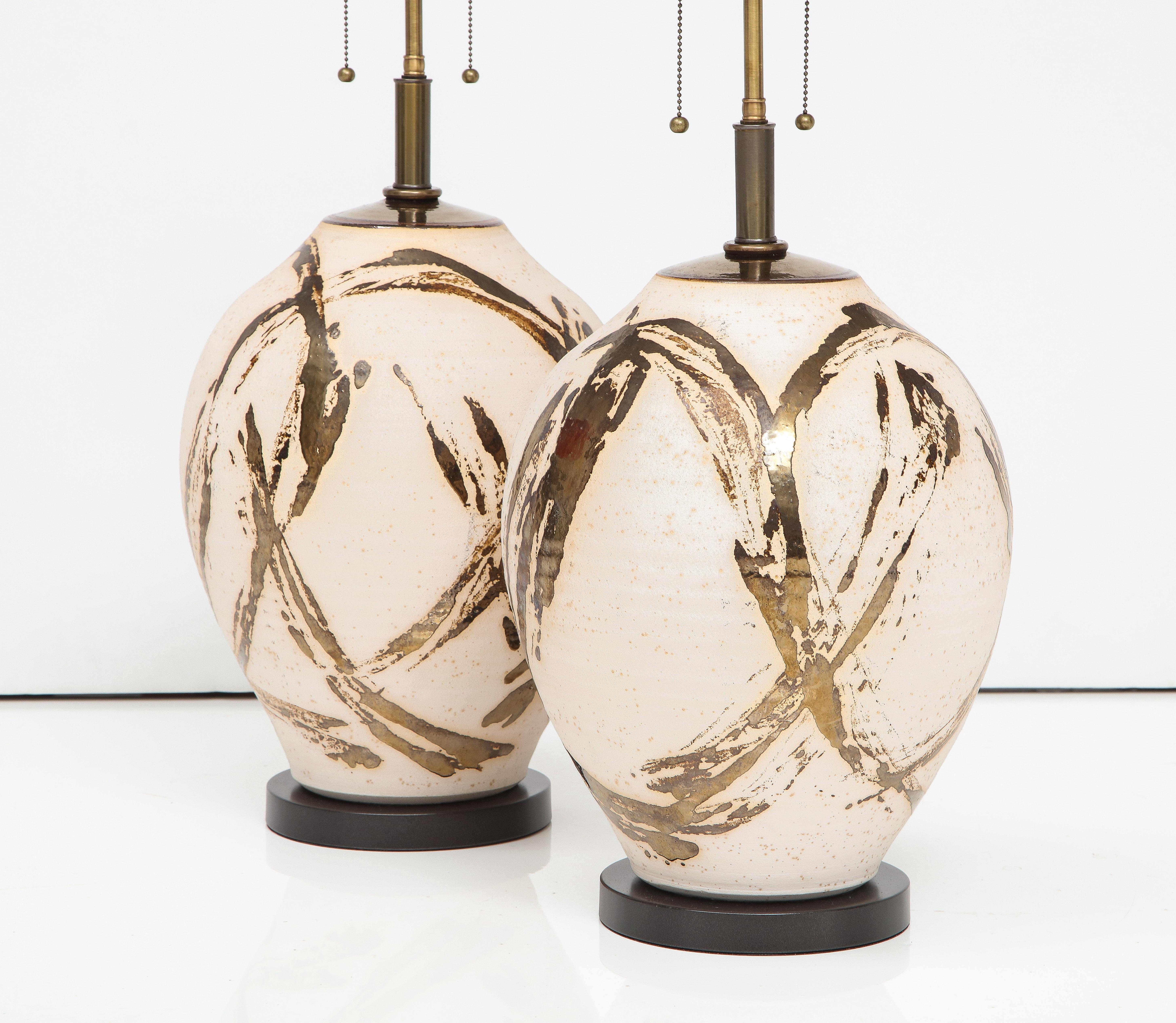 Late 20th Century Large Pair of Raku Ware Lamps Designed for Steve Chase For Sale