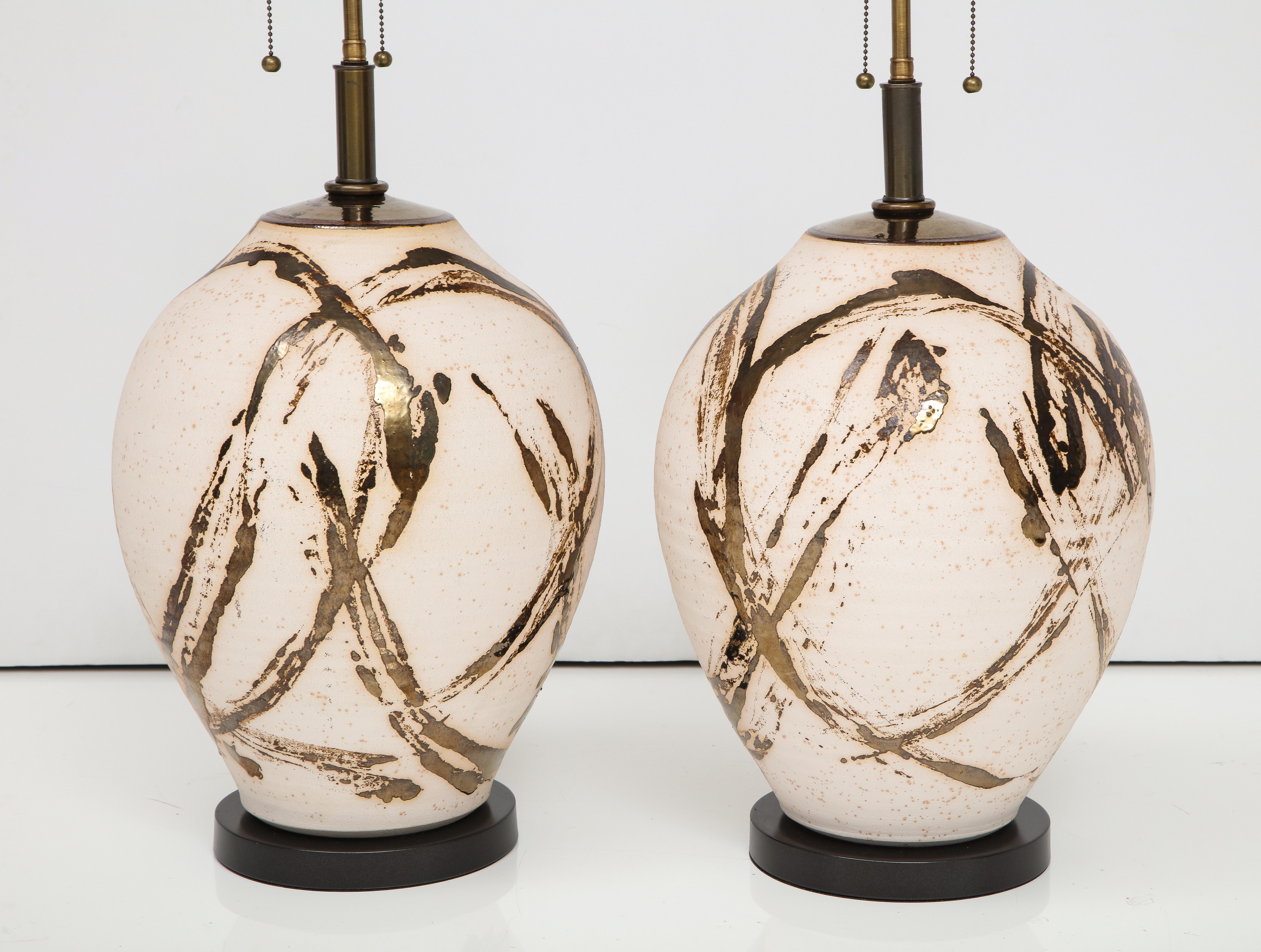 Ceramic Large Pair of Raku Ware Lamps Designed for Steve Chase For Sale