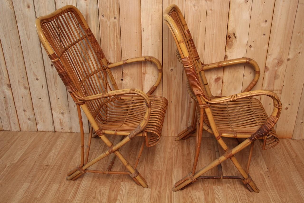 French Large Pair of Rattan Armchairs from the 60s