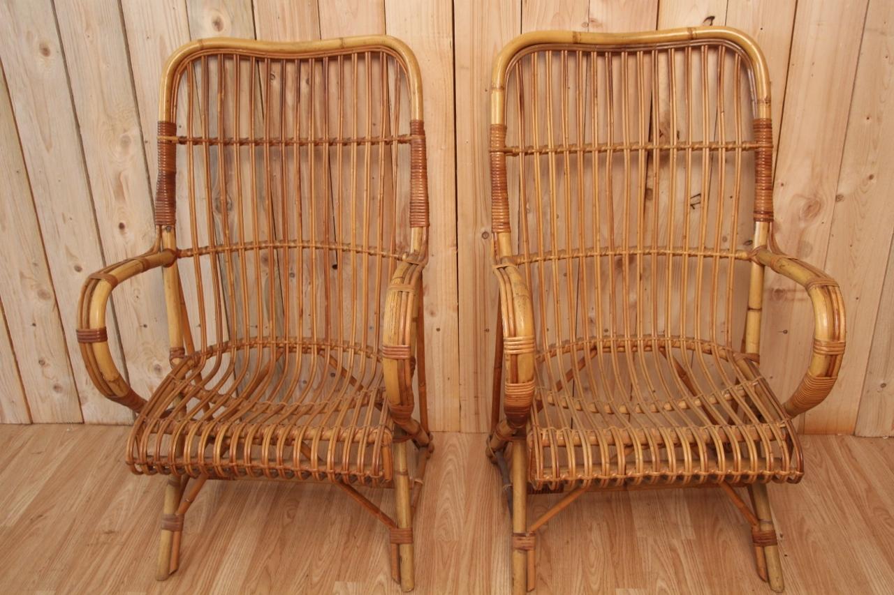 Large Pair of Rattan Armchairs from the 60s In Good Condition In charmes, FR