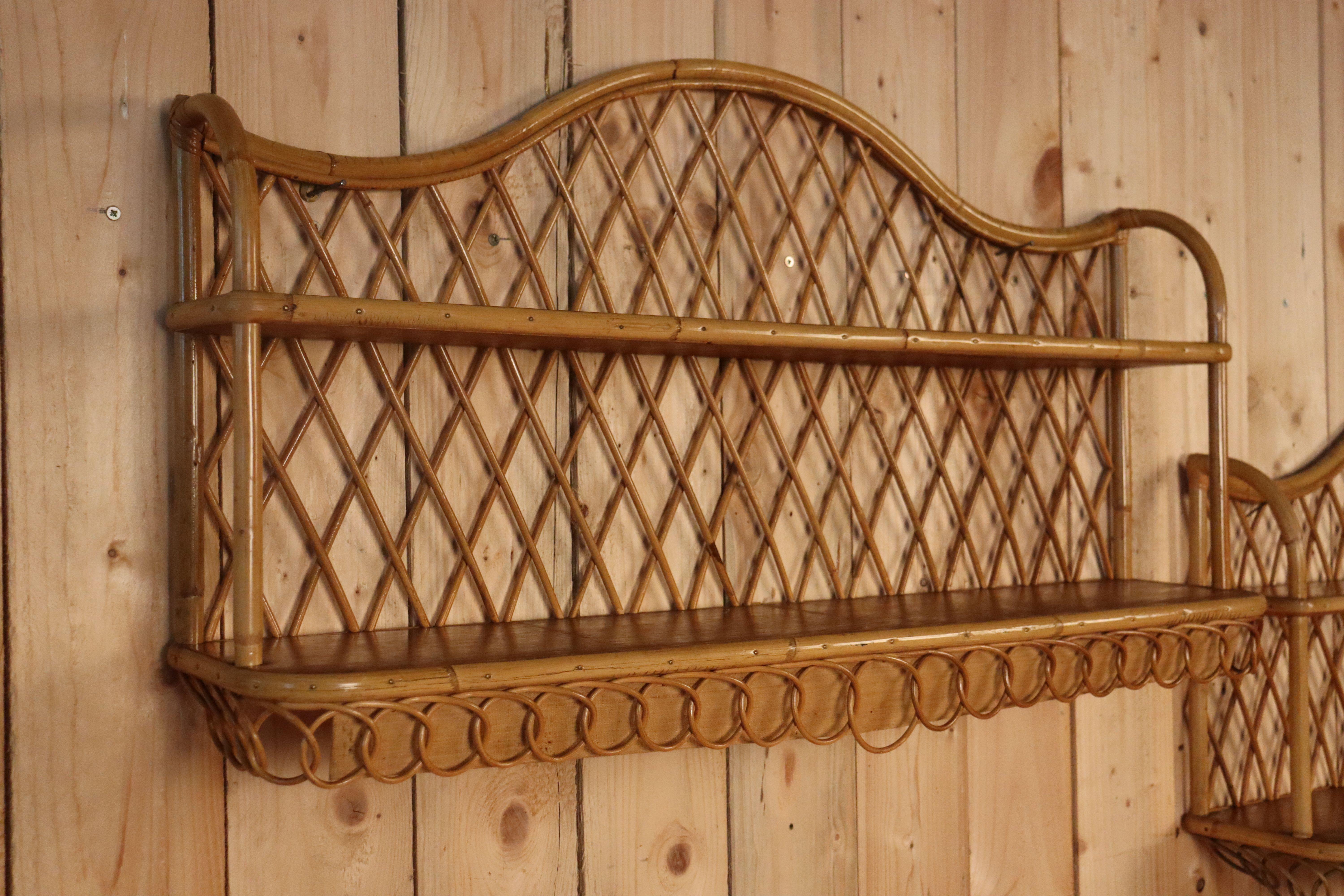 Bohemian Large Pair Of Rattan Wall Shelves Attributed To Audoux Minnet For Sale