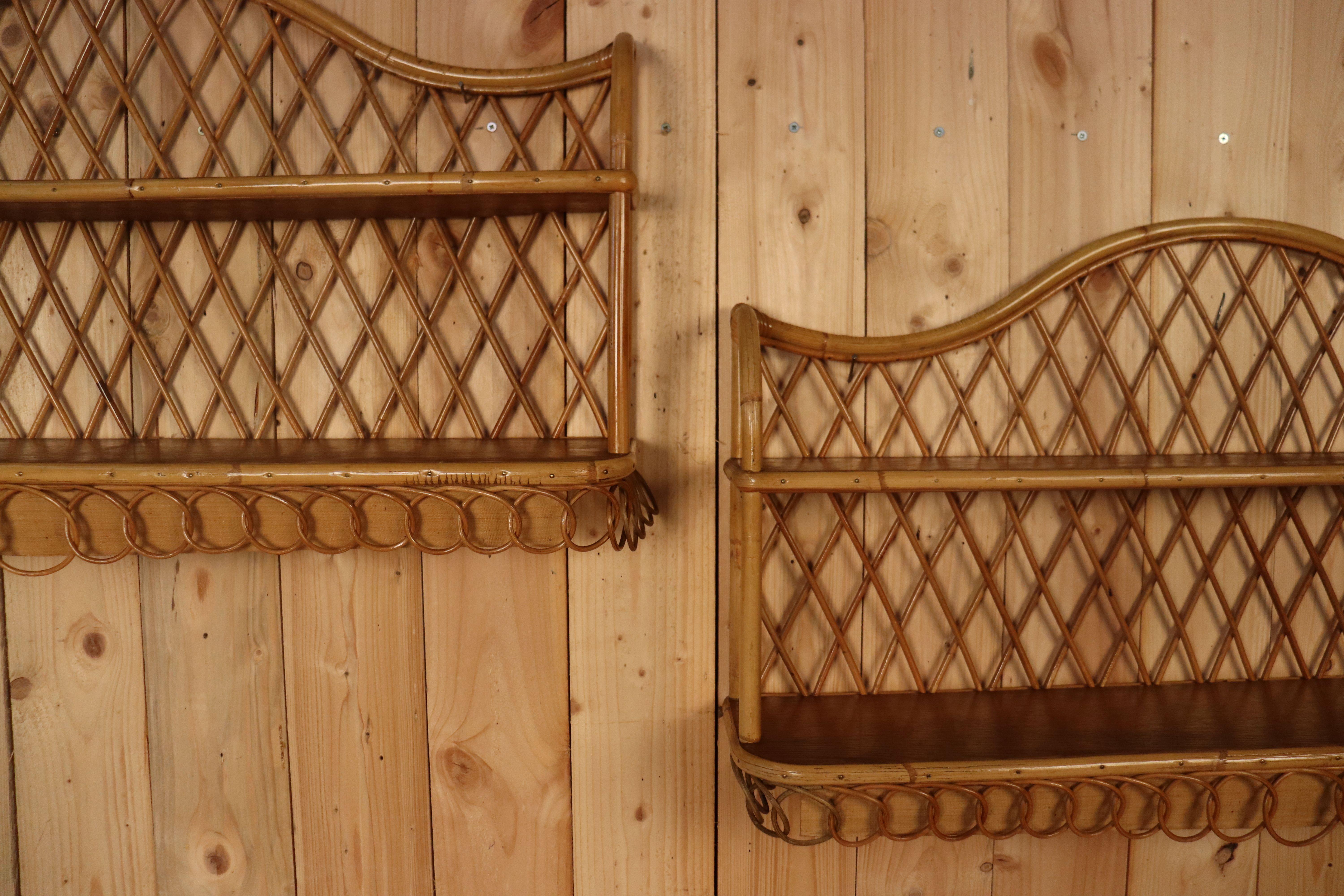 French Large Pair Of Rattan Wall Shelves Attributed To Audoux Minnet For Sale