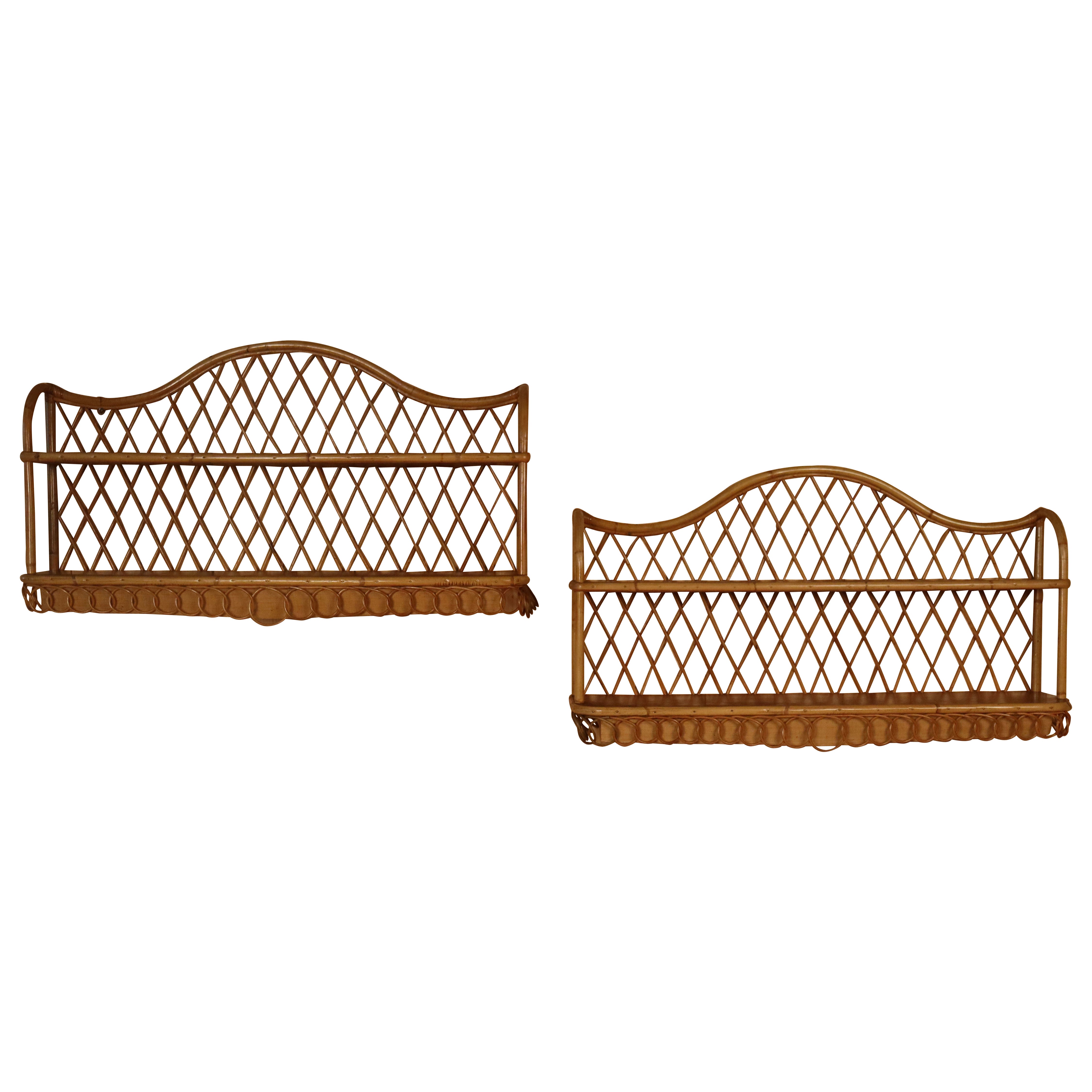 Large Pair Of Rattan Wall Shelves Attributed To Audoux Minnet For Sale
