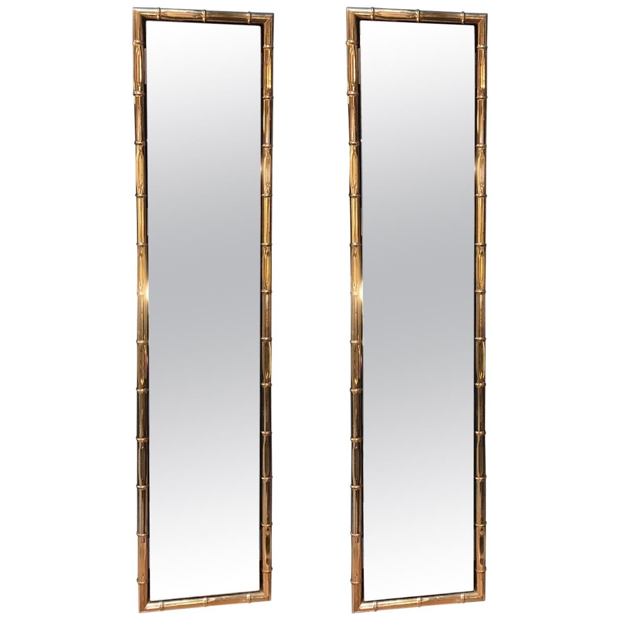 Large Pair of Rectangular Faux Bamboo Brass Mirrors, Italy, 1960s