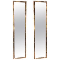 Vintage Large Pair of Rectangular Faux Bamboo Brass Mirrors, Italy, 1960s