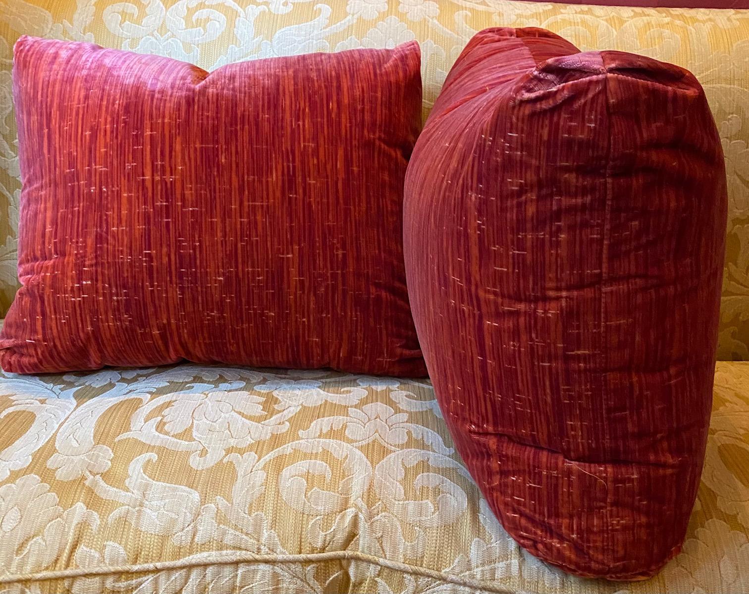 Large Pair of Red Strié Cut Velvet Cushions In New Condition For Sale In Palm Beach, FL