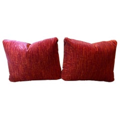 Large Pair of Red Strié Cut Velvet Cushions