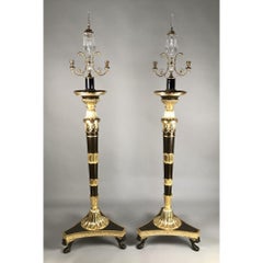 Large Pair of Regency Cut Glass Crystal Gilt Metal Lustres Candelabra