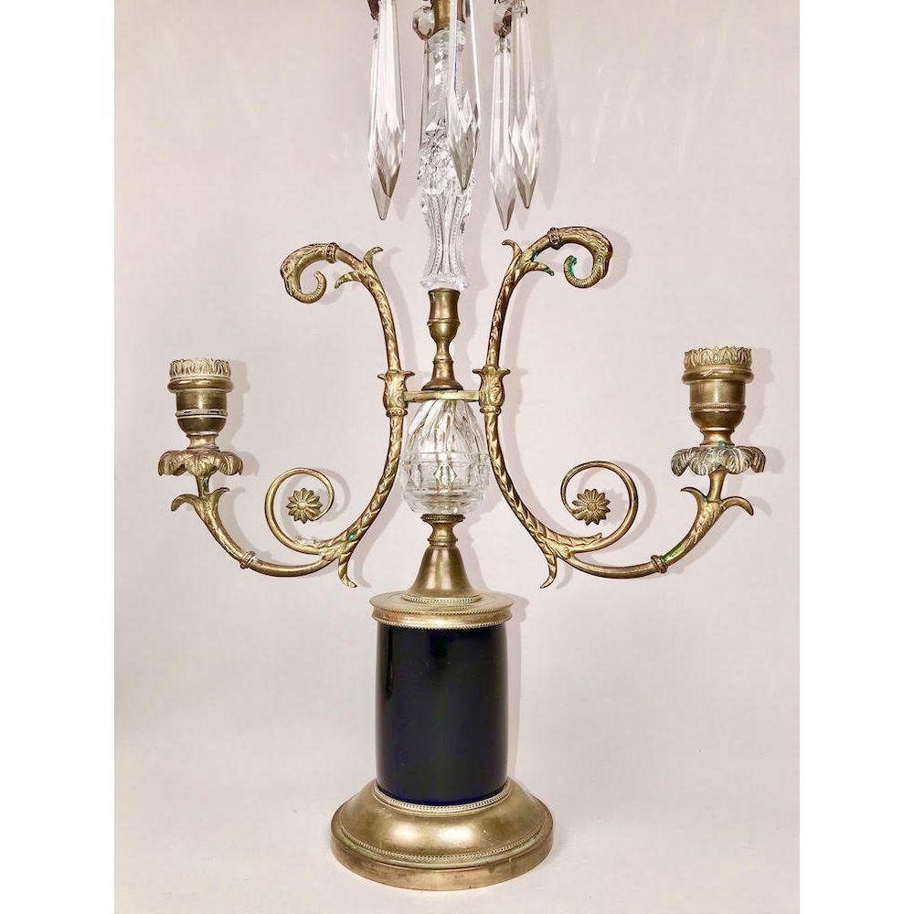 19th Century Large Pair of Regency Cut Glass Crystal Gilt Metal Lustres Candelabra