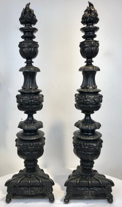 Large Pair of Renaissance Style Patinated Bronze Andirons by E. F. Caldwell