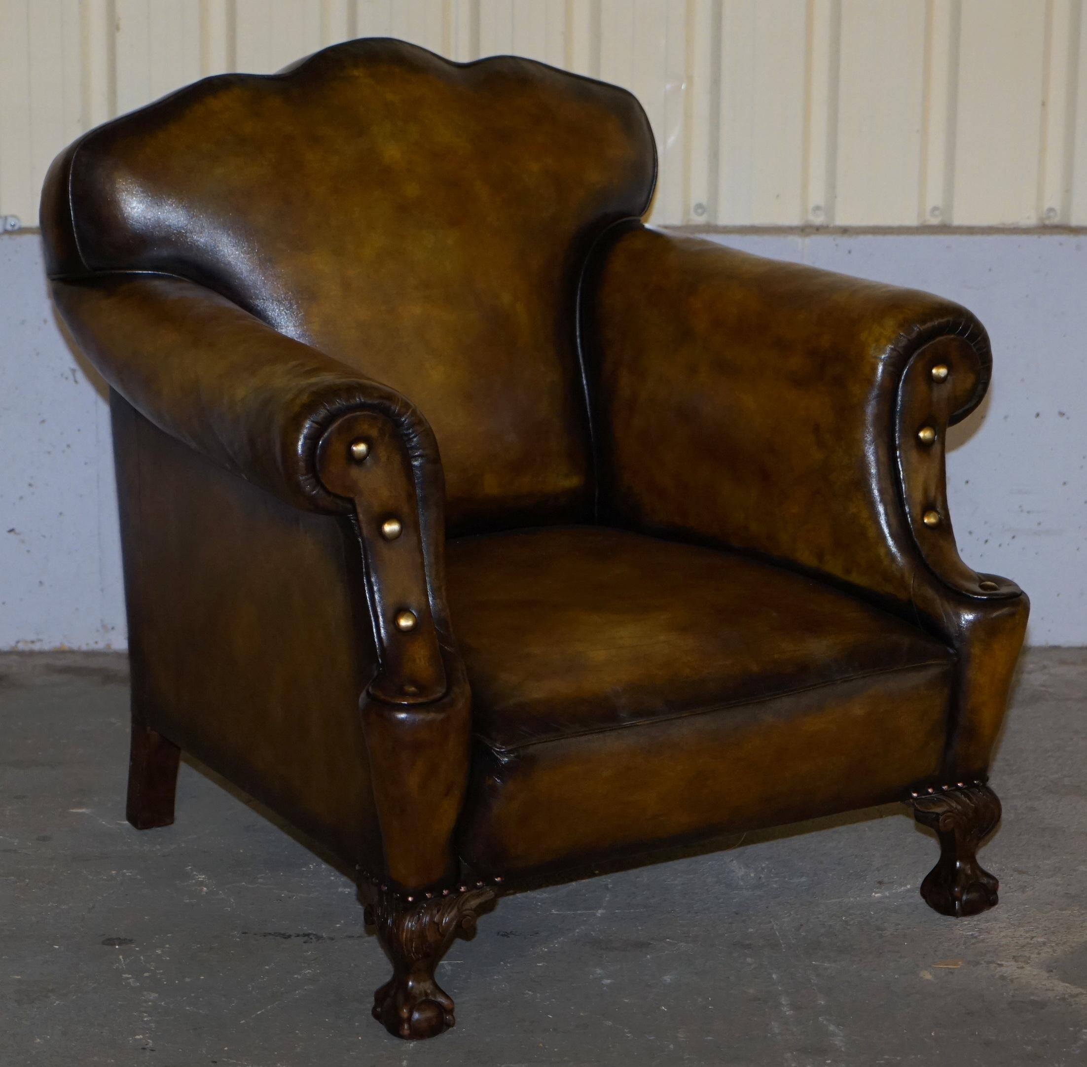 Large Pair of Restored Victorian Cigar Brown Leather Claw & Ball Feet Armchairs 6