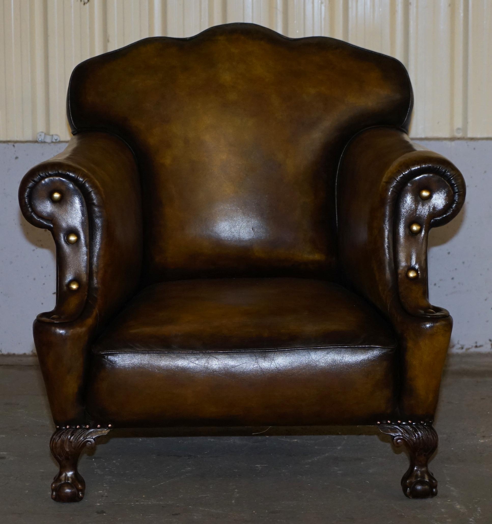Large Pair of Restored Victorian Cigar Brown Leather Claw & Ball Feet Armchairs 7