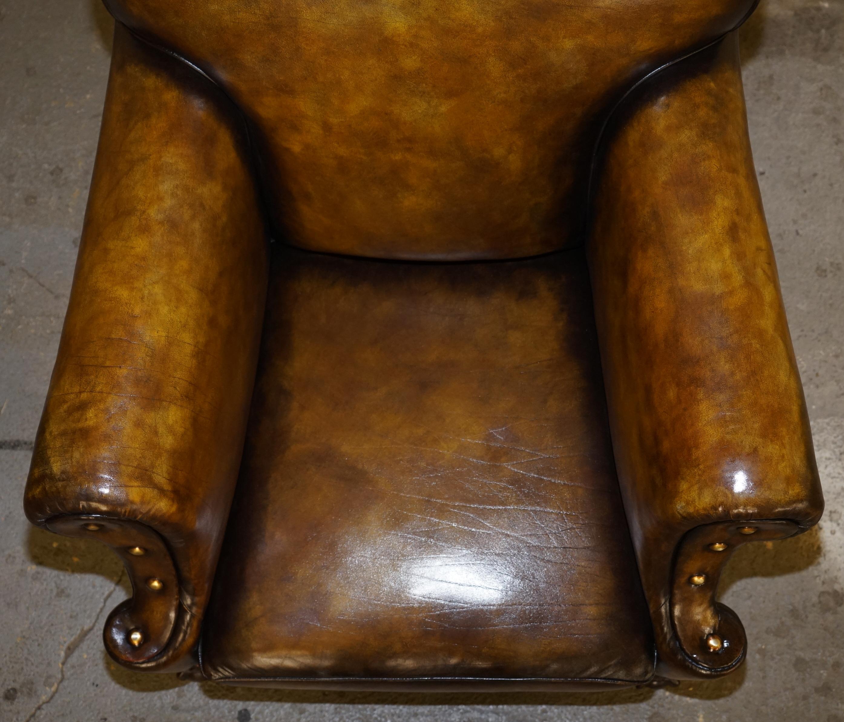 Large Pair of Restored Victorian Cigar Brown Leather Claw & Ball Feet Armchairs 9