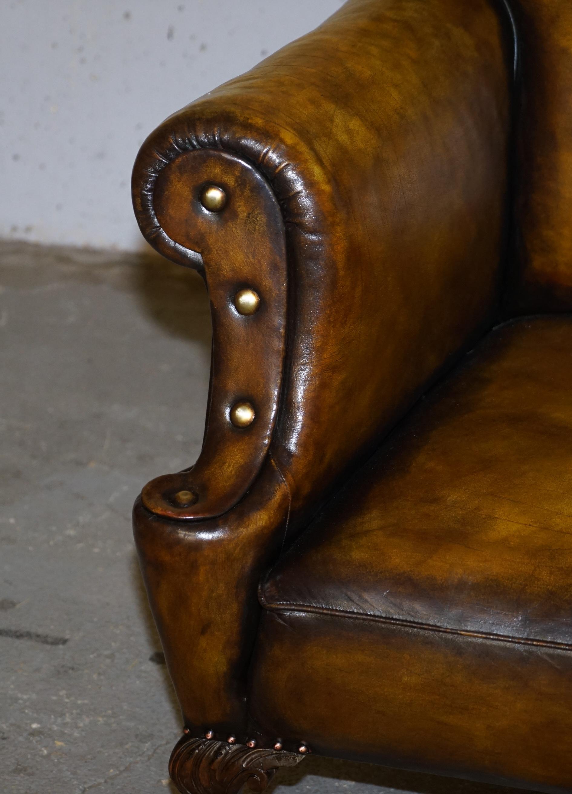 Large Pair of Restored Victorian Cigar Brown Leather Claw & Ball Feet Armchairs 11