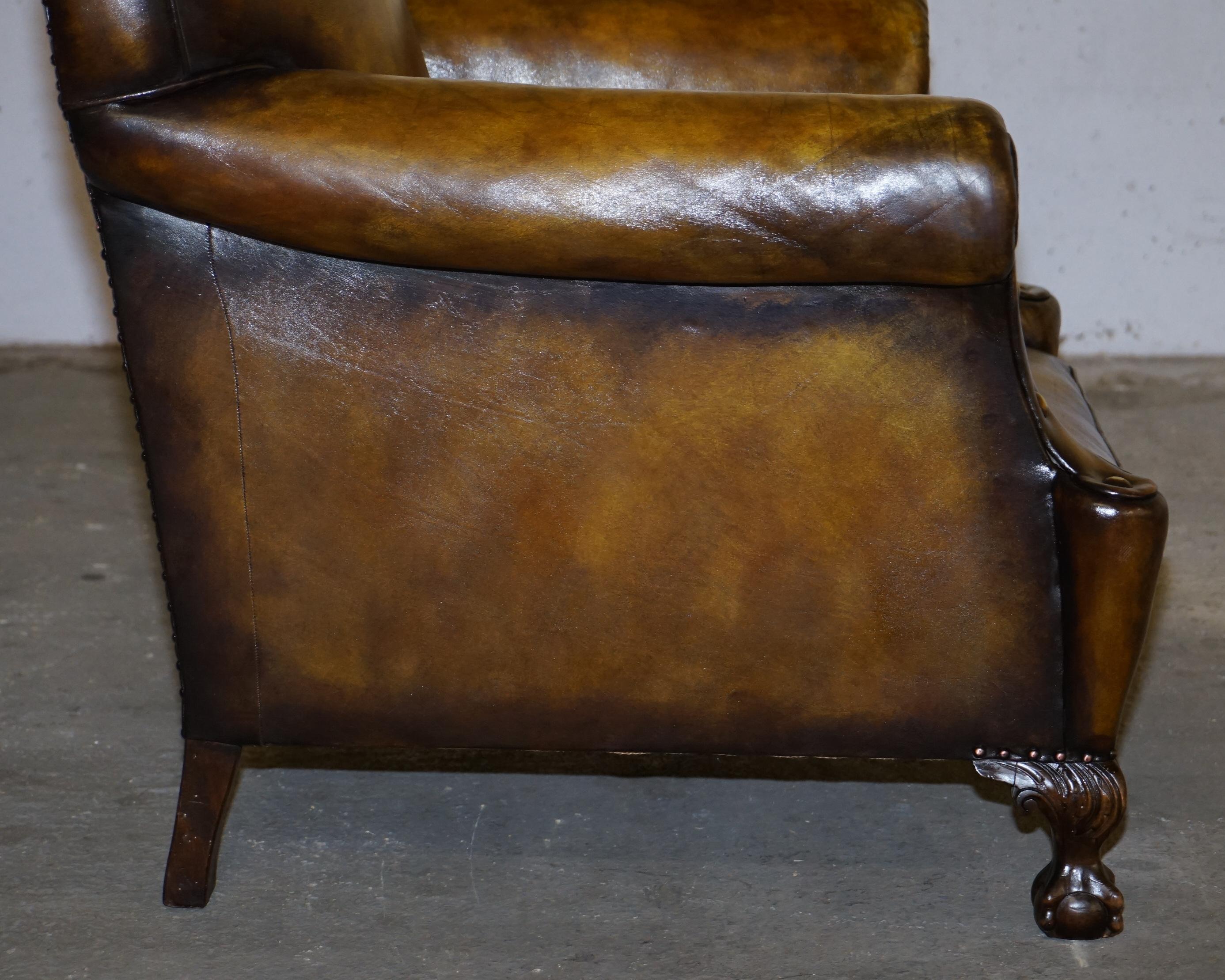 Large Pair of Restored Victorian Cigar Brown Leather Claw & Ball Feet Armchairs 14