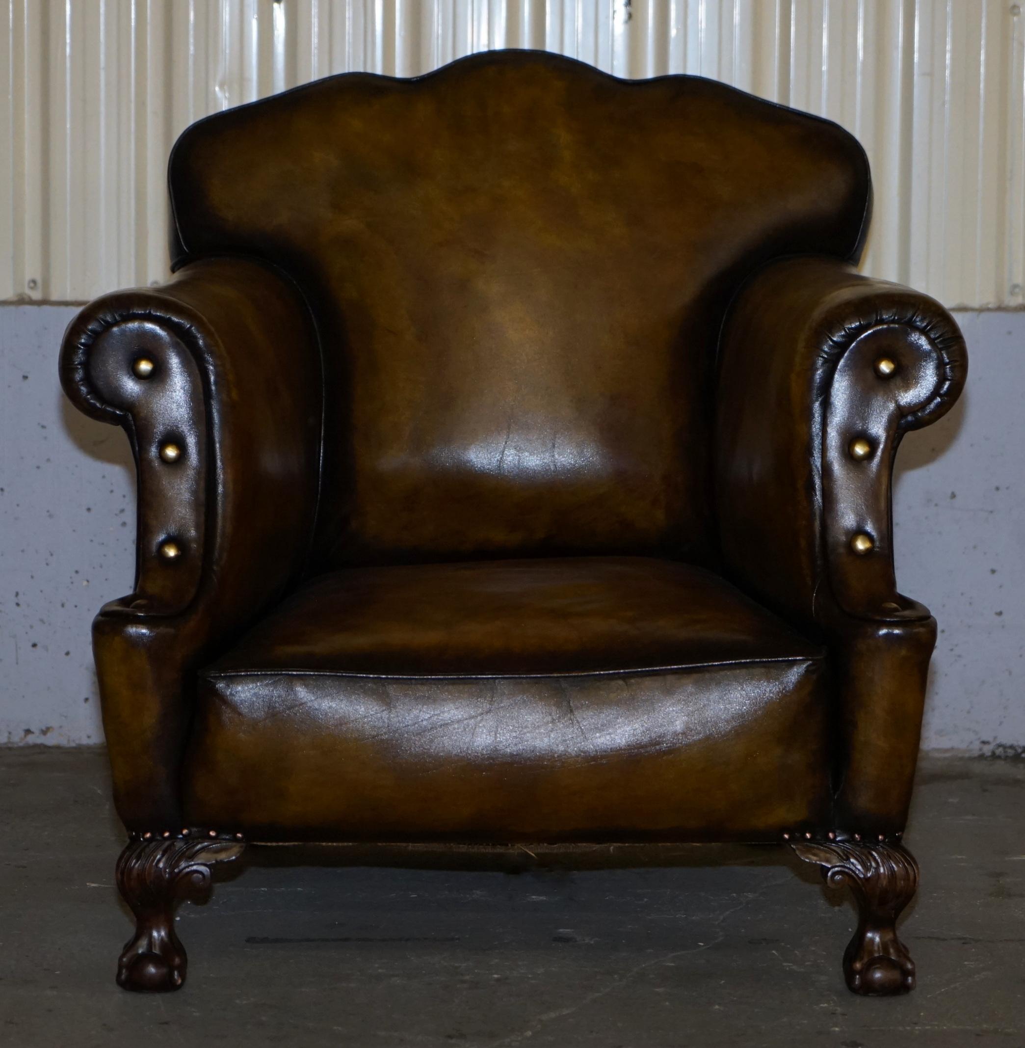 English Large Pair of Restored Victorian Cigar Brown Leather Claw & Ball Feet Armchairs